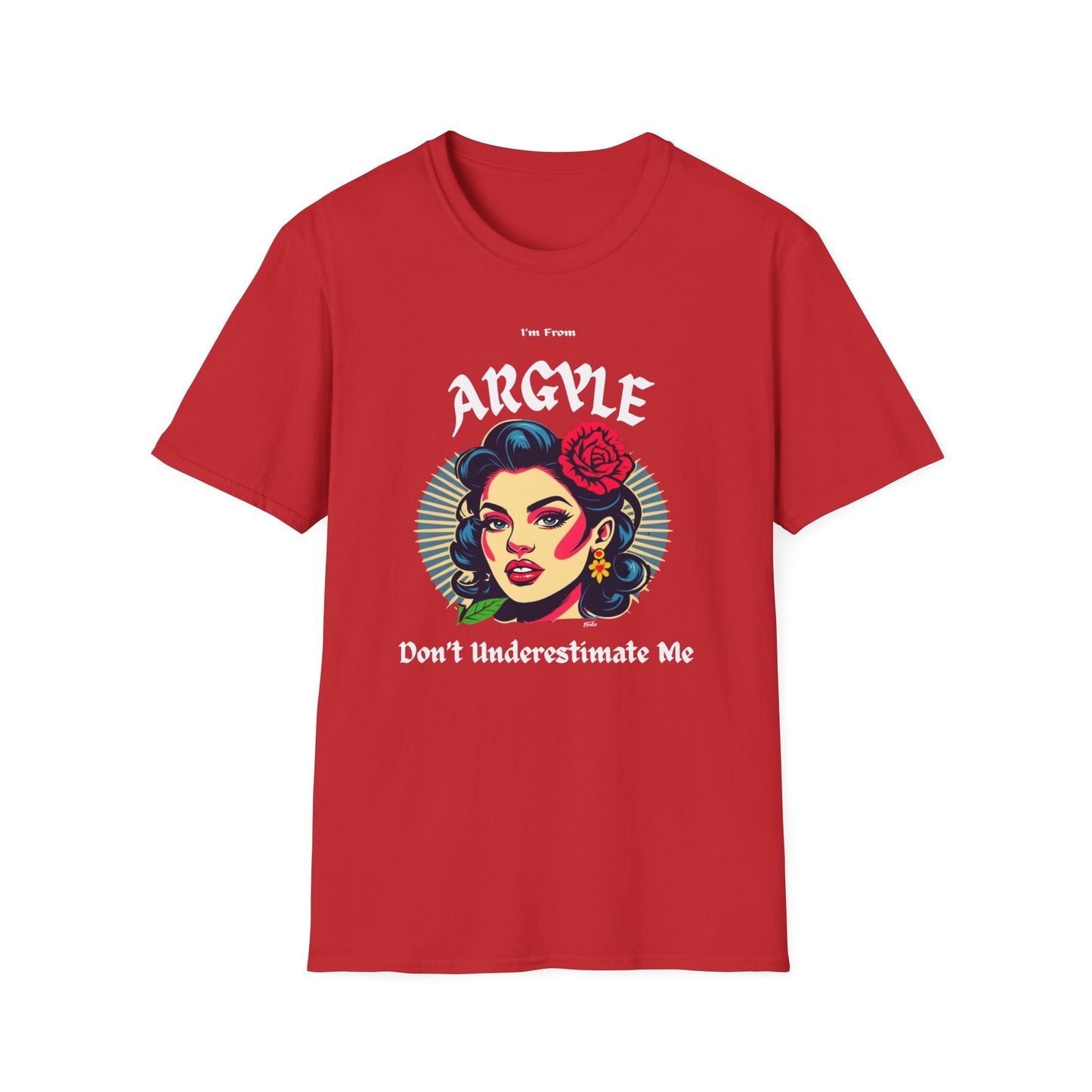 Argyle Underestimate Gal T-Shirt, c02-n01-s001 Softstyle Graphic Tee, Unisex Casual Wear, Support'n Locals Merch, Gift for Community Lovers.