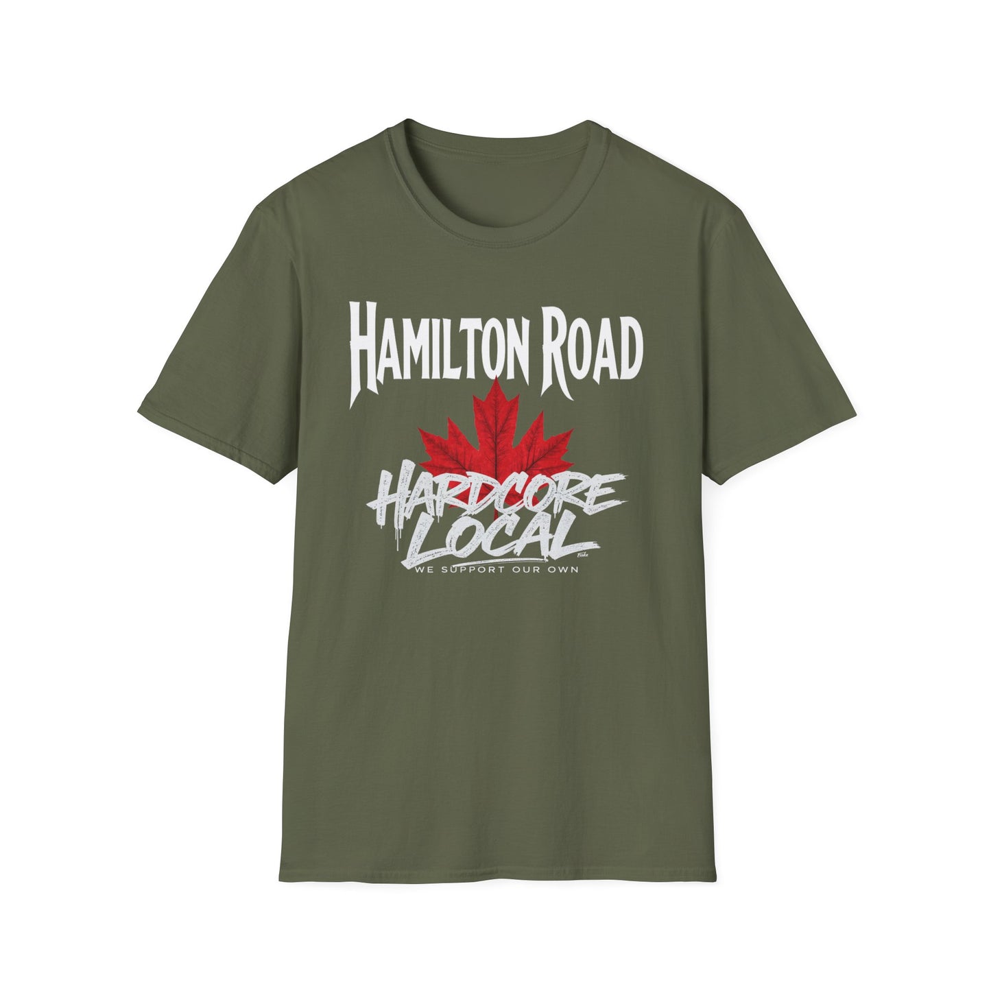 Hamilton Road Hardcore We Support Our Own Red Leaf T-Shirt, c02-n04-s006 Softstyle Graphic Tee, Unisex Casual Wear, Support'n Locals Merch, Gift for Community Lovers.