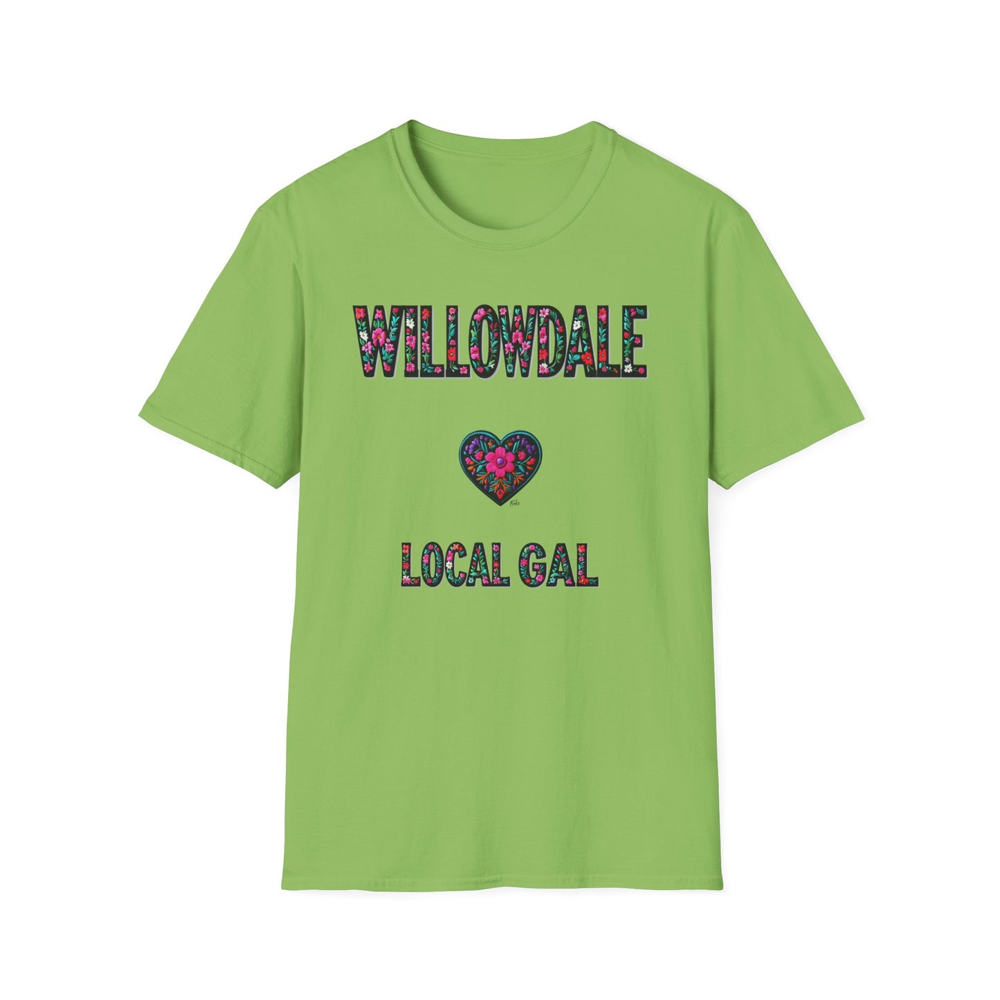 Willowdale Local Gal Flower-Heart T-Shirt, c06-n05-s005 Softstyle Graphic Tee, Unisex Casual Wear, Support Local Merch, Gift for Community Lovers, Finkz WINDSOR