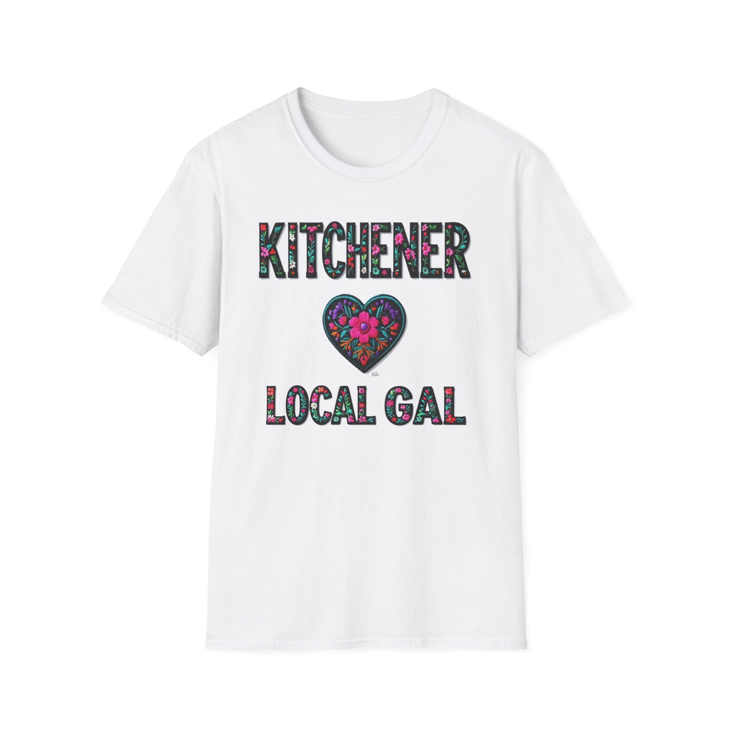 Kitchener Local Gal Flower-Heart T-Shirt, c03-n00-s005 Softstyle Graphic Tee, Unisex Casual Wear, Support Local Merch, Gift for Community Lovers, Finkz WINDSOR
