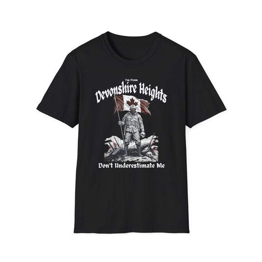Devonshire Heights Underestimate Guy T-Shirt, c01-n15-s002 Softstyle Graphic Tee, Unisex Casual Wear, Support'n Locals Merch, Gift for Community Lovers.