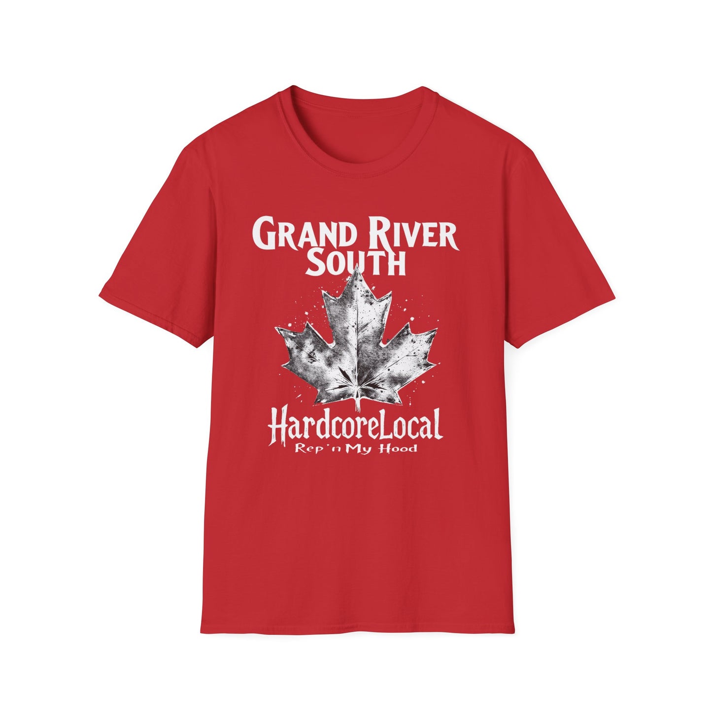 Grand River South Hardcore Rep'n White Leaf T-Shirt, c03-n04-s007 Softstyle Graphic Tee, Unisex Casual Wear, Support'n Locals Merch, Gift for Community Lovers.