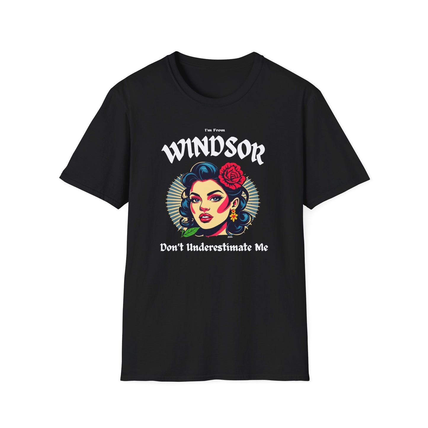 Windsor Underestimate Gal T-Shirt, c01-n00-s001 Softstyle Graphic Tee, Unisex Casual Wear, Support'n Locals Merch, Gift for Community Lovers.
