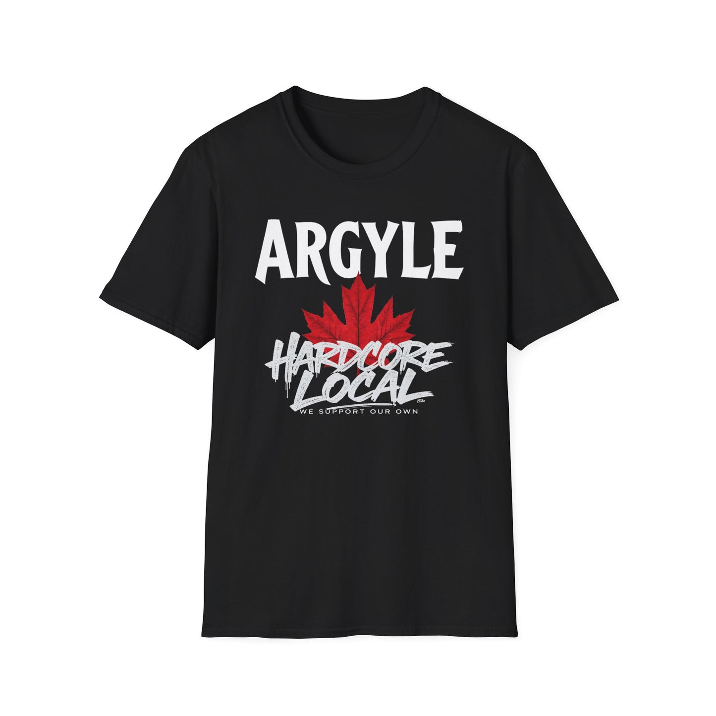Argyle Hardcore We Support Our Own Red Leaf T-Shirt, c02-n01-s006 Softstyle Graphic Tee, Unisex Casual Wear, Support'n Locals Merch, Gift for Community Lovers.