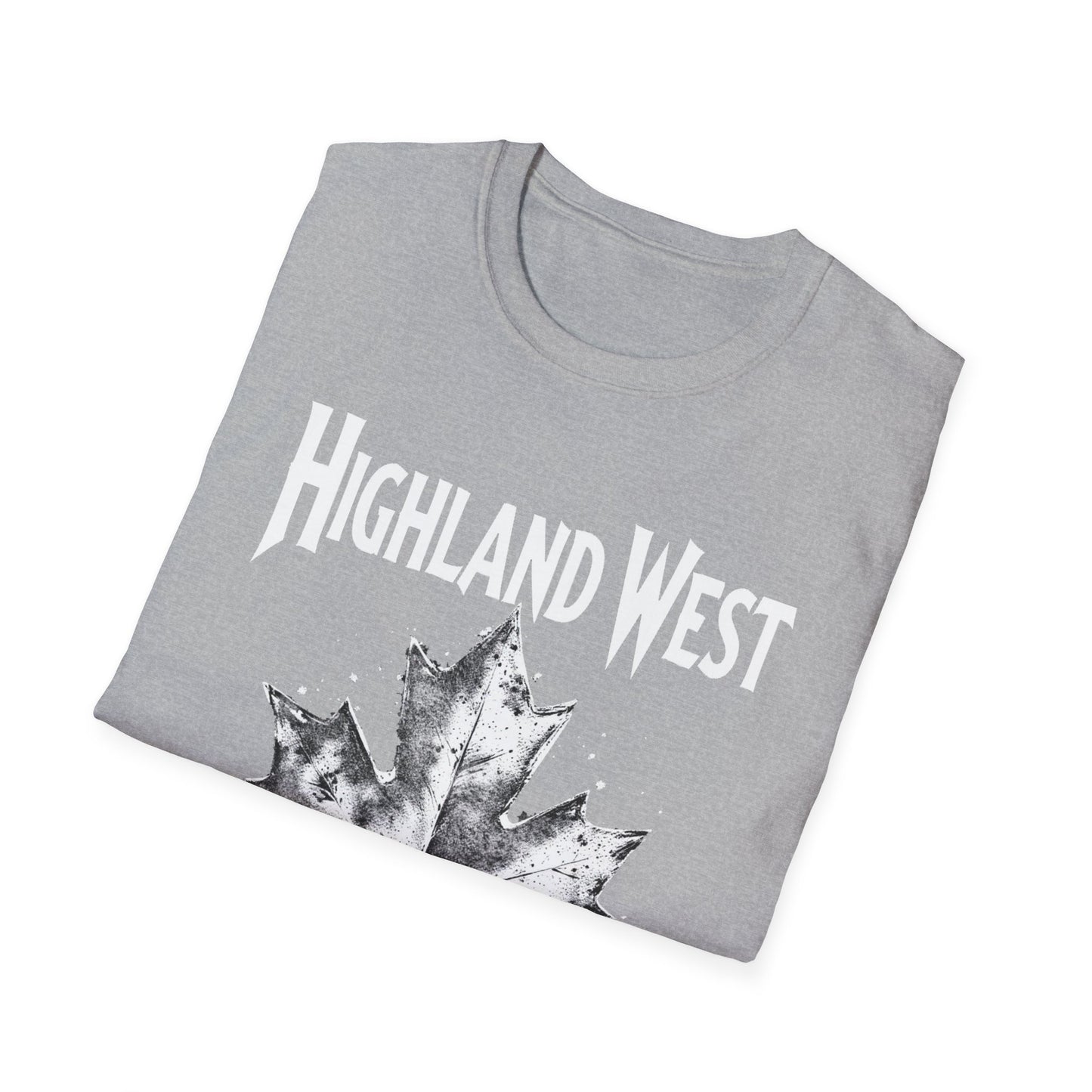 Highland West Hardcore Rep'n White Leaf T-Shirt, c03-n05-s007 Softstyle Graphic Tee, Unisex Casual Wear, Support'n Locals Merch, Gift for Community Lovers.
