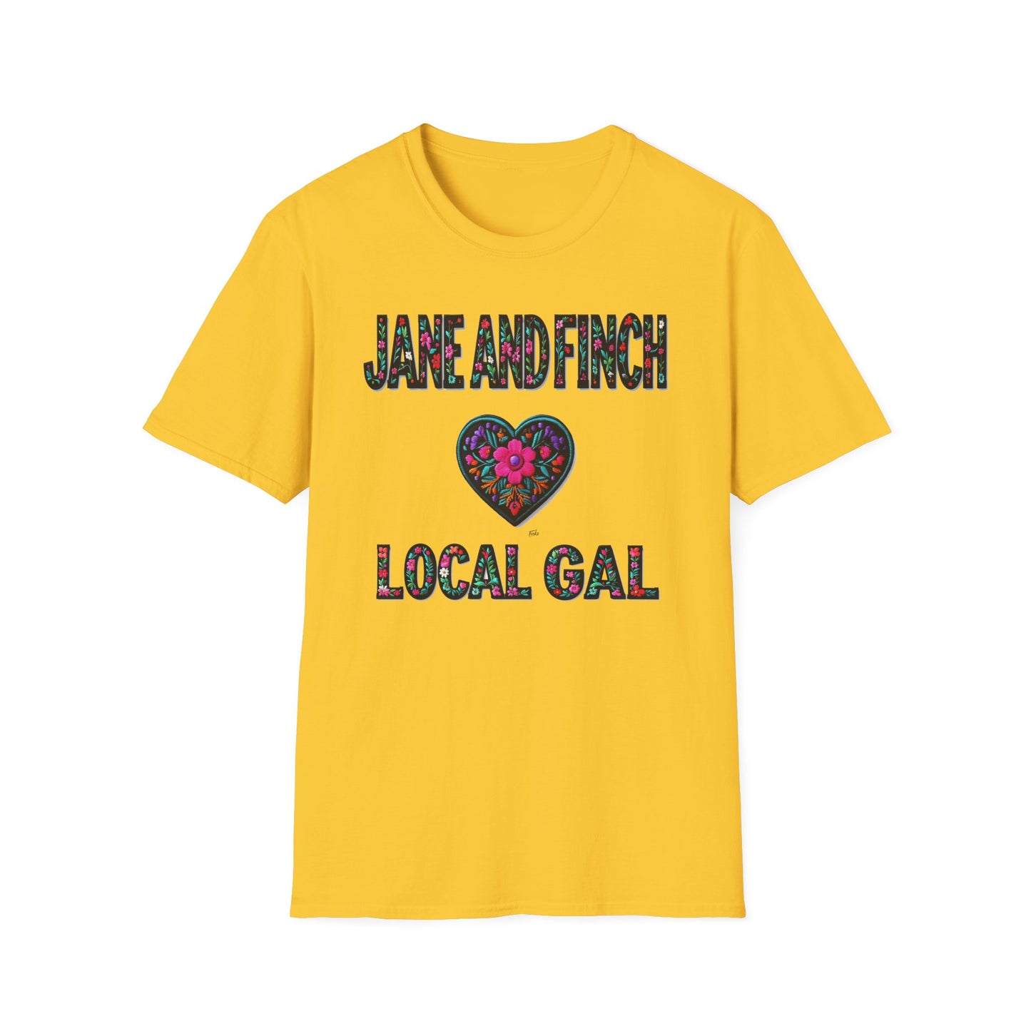 Jane & Finch Local Gal Flower-Heart T-Shirt, c06-n01-s005 Softstyle Graphic Tee, Unisex Casual Wear, Support Local Merch, Gift for Community Lovers, Finkz WINDSOR