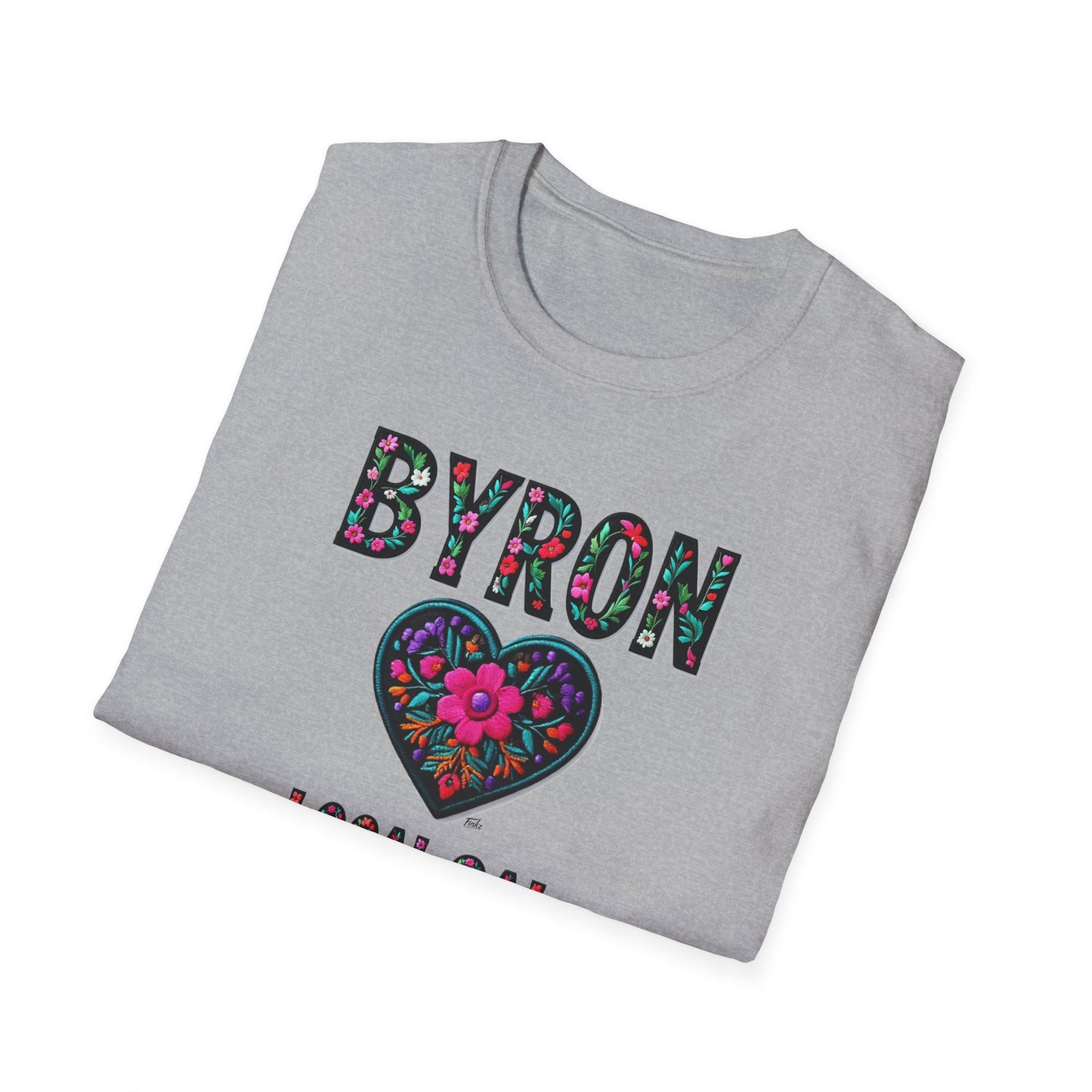 Byron Local Gal Flower-Heart T-Shirt, c02-n02-s05  Softstyle Graphic Tee, Unisex Casual Wear, Support Local Merch, Gift for Community Lovers, Finkz WINDSOR