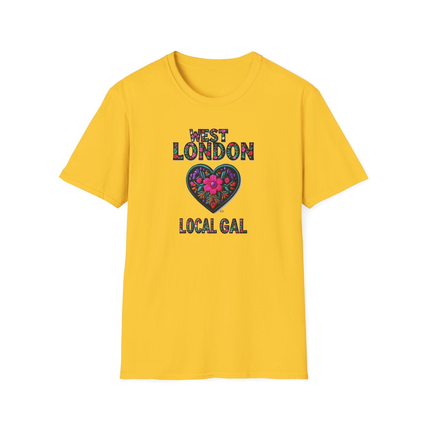 West London Local Gal Flower-Heart T-Shirt, c02-n08-s05  Softstyle Graphic Tee, Unisex Casual Wear, Support Local Merch, Gift for Community Lovers, Finkz WINDSOR