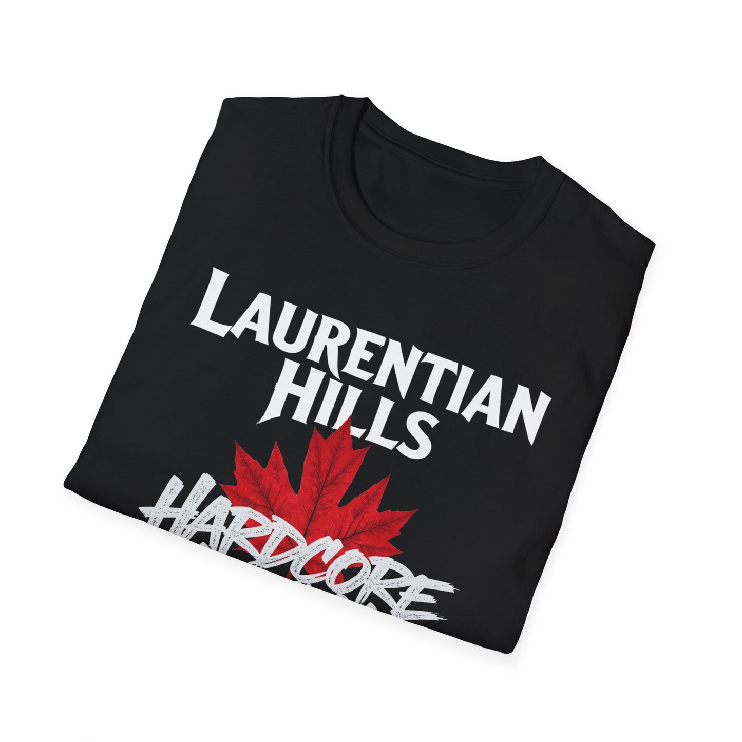 Laurentian Hills Hardcore We Support Our Own Red Leaf T-Shirt, c03-n06-s006 Softstyle Graphic Tee, Unisex Casual Wear, Support'n Locals Merch, Gift for Community Lovers.