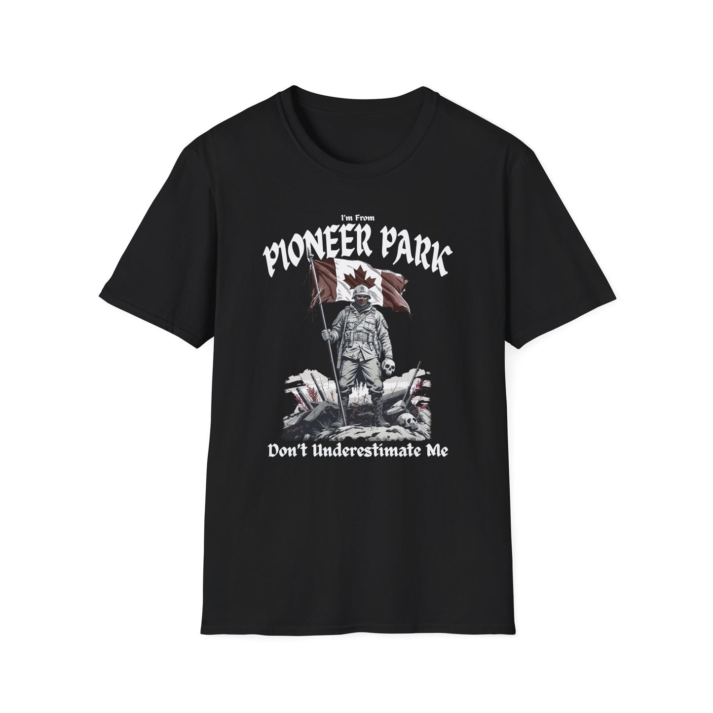 Pioneer Park Underestimate Guy T-Shirt, c03-n08-s002 Softstyle Graphic Tee, Unisex Casual Wear, Support'n Locals Merch, Gift for Community Lovers.