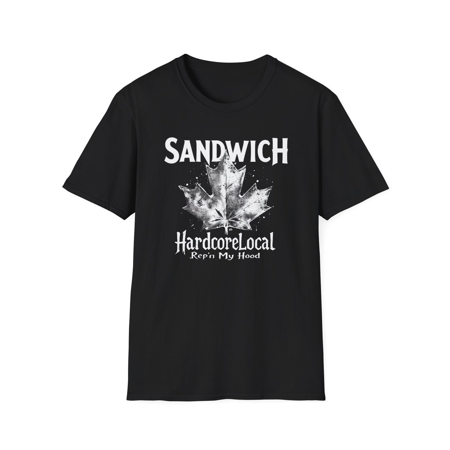 SANDWICH, Rep'n My Hood, Hardcore Local Cool Leaf T-Shirt, Softstyle Graphic Tee, Unisex Casual Wear, Support Local Merch, Gift for Community Lovers, Finkz WINDSOR