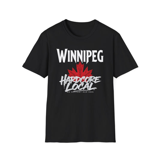 Winnipeg Hardcore We Support Our Own Red Leaf T-Shirt, c09-n00-s006 Softstyle Graphic Tee, Unisex Casual Wear, Support'n Locals Merch, Gift for Community Lovers.