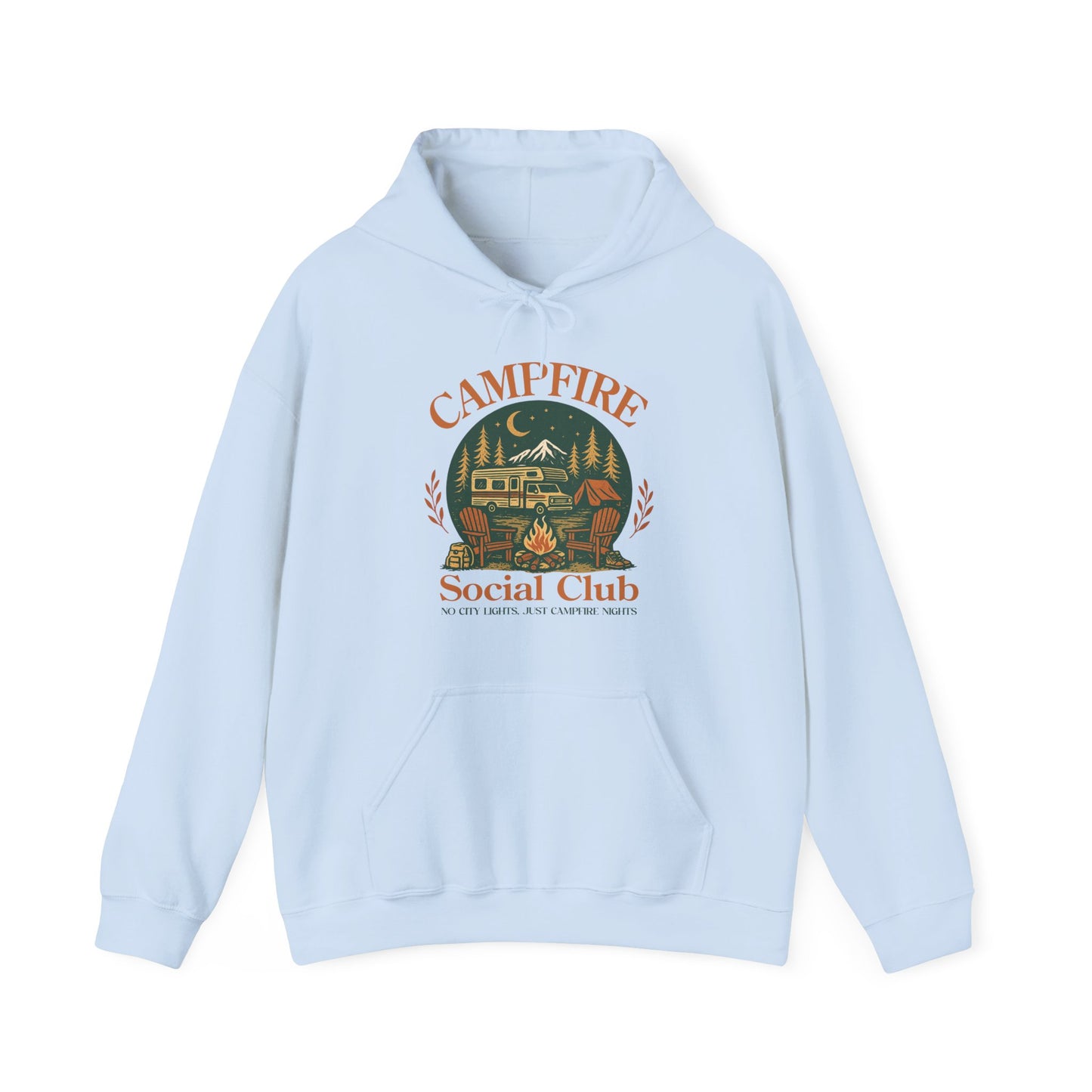 Campfire Social Club Hoodie | HappyCamperCrew.Com 100% Authentic | Cozy Camping Hoodie | Unisex Hooded Sweatshirt for Nature Lovers, Casual Wear, Gift for Him/Her, Outdoor Adventures, Cozy Days & Warm Nights By The Campfire