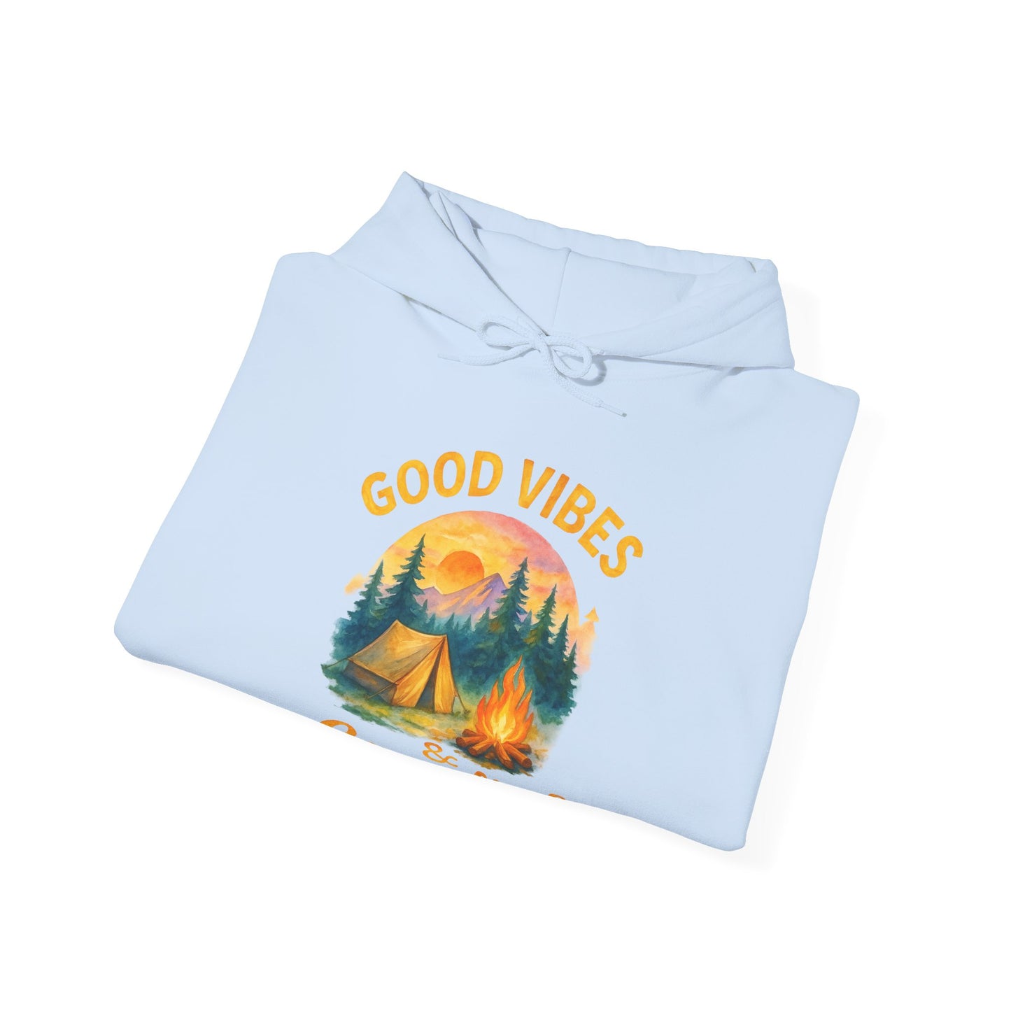 Good Vibes and Campfires Hoodie | HappyCamperCrew.Com 100% Authentic | Cozy Camping Hoodie | Unisex Hooded Sweatshirt for Nature Lovers, Casual Wear, Gift for Him/Her, Outdoor Adventures, Cozy Days & Warm Nights by the Campfire