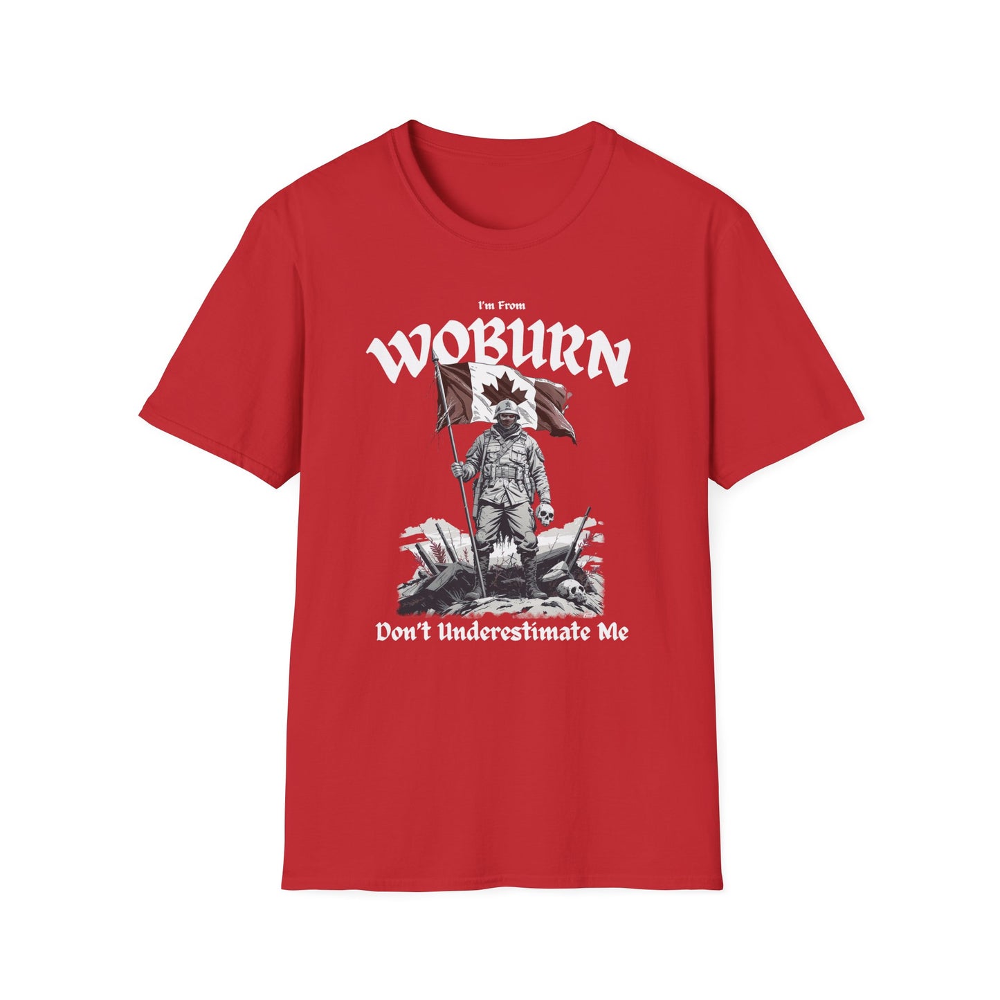 Woburn Underestimate Guy T-Shirt, c06-n06-s002 Softstyle Graphic Tee, Unisex Casual Wear, Support'n Locals Merch, Gift for Community Lovers.