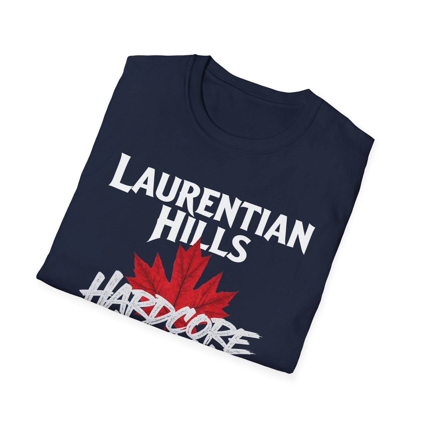 Laurentian Hills Hardcore We Support Our Own Red Leaf T-Shirt, c03-n06-s006 Softstyle Graphic Tee, Unisex Casual Wear, Support'n Locals Merch, Gift for Community Lovers.