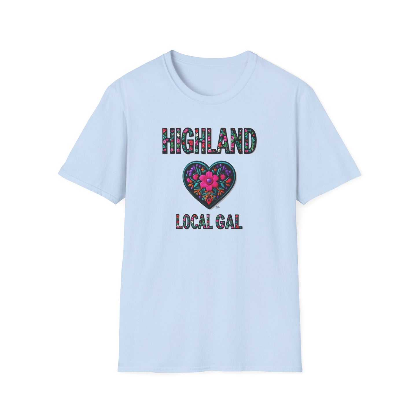 Highland Local Gal Flower-Heart T-Shirt, c02-n05-s05  Softstyle Graphic Tee, Unisex Casual Wear, Support Local Merch, Gift for Community Lovers, Finkz WINDSOR