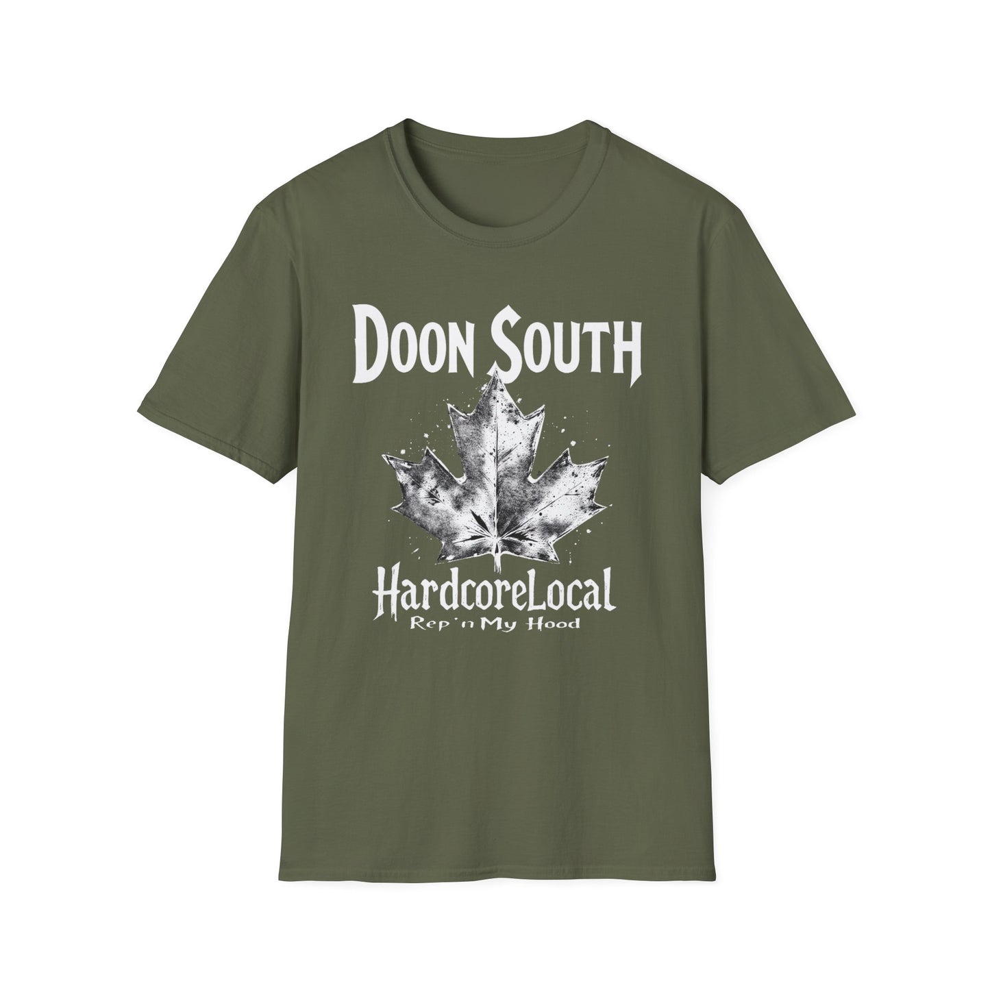 Doon South Hardcore Rep'n White Leaf T-Shirt, c03-n02-s007 Softstyle Graphic Tee, Unisex Casual Wear, Support'n Locals Merch, Gift for Community Lovers.