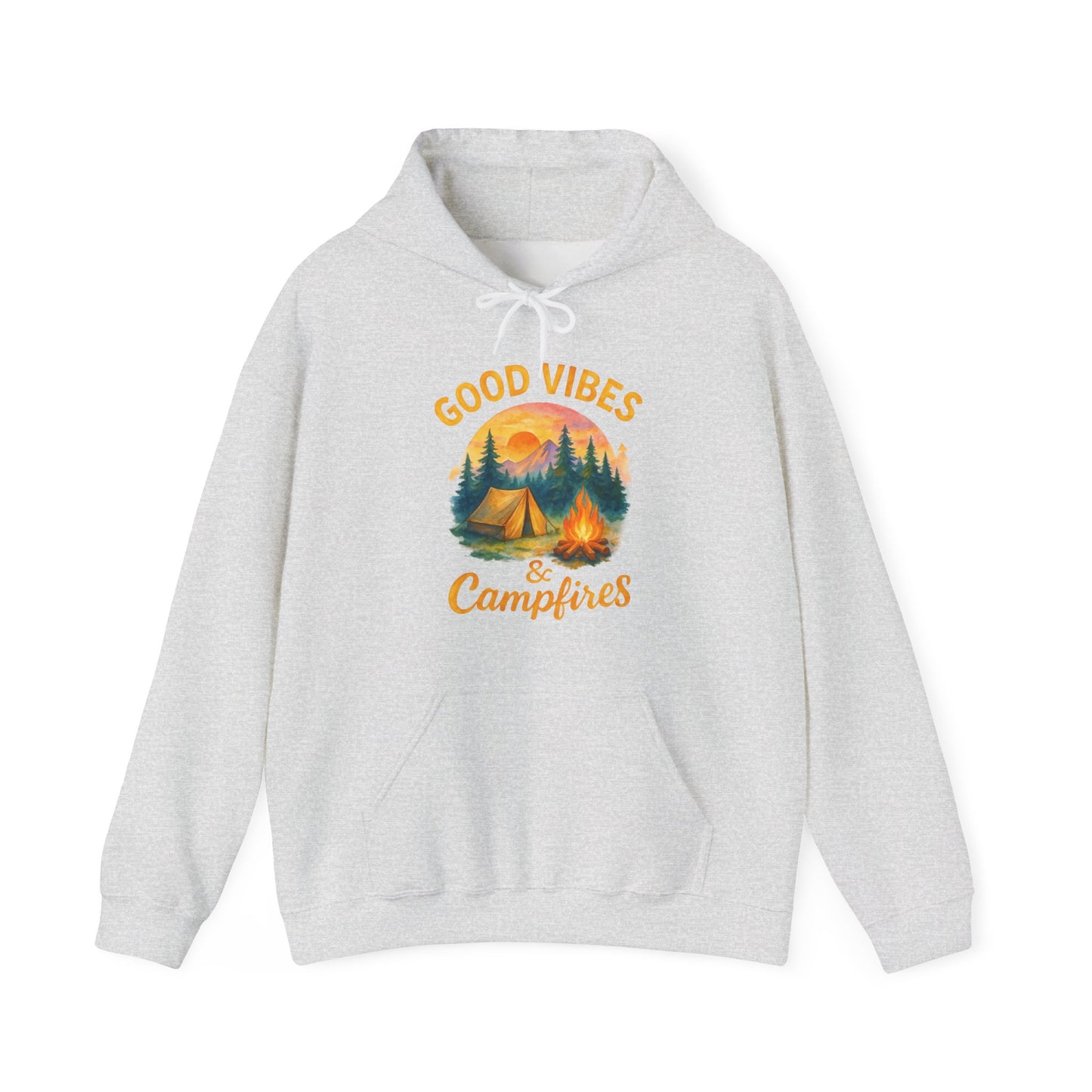 Good Vibes and Campfires Hoodie | HappyCamperCrew.Com 100% Authentic | Cozy Camping Hoodie | Unisex Hooded Sweatshirt for Nature Lovers, Casual Wear, Gift for Him/Her, Outdoor Adventures, Cozy Days & Warm Nights by the Campfire