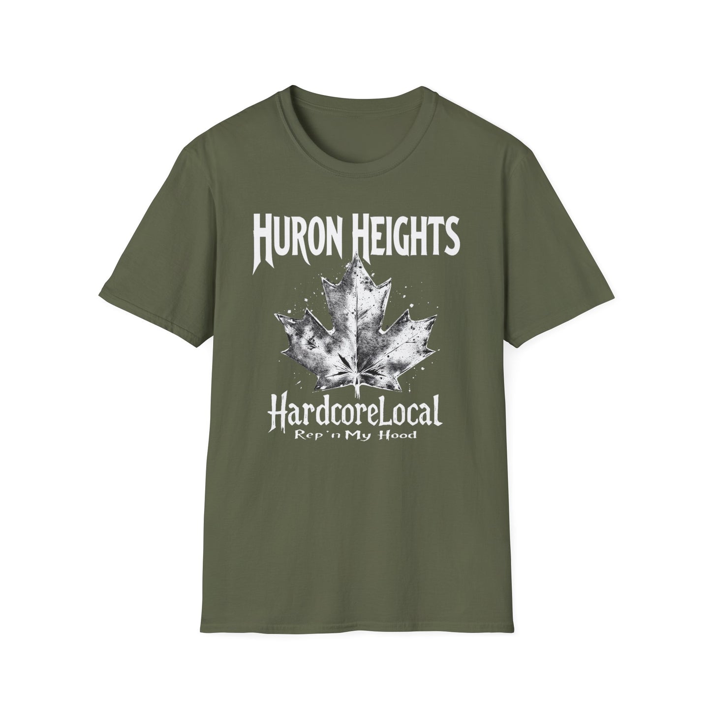 Huron Heights Hardcore Rep'n White Leaf T-Shirt, c002-n06-s007 Softstyle Graphic Tee, Unisex Casual Wear, Support'n Locals Merch, Gift for Community Lovers.