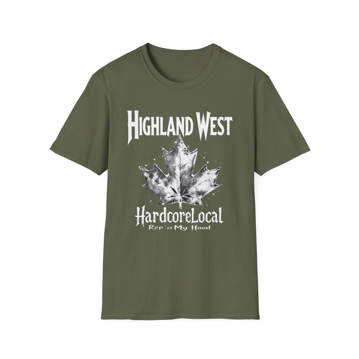 Highland West Hardcore Rep'n White Leaf T-Shirt, c03-n05-s007 Softstyle Graphic Tee, Unisex Casual Wear, Support'n Locals Merch, Gift for Community Lovers.