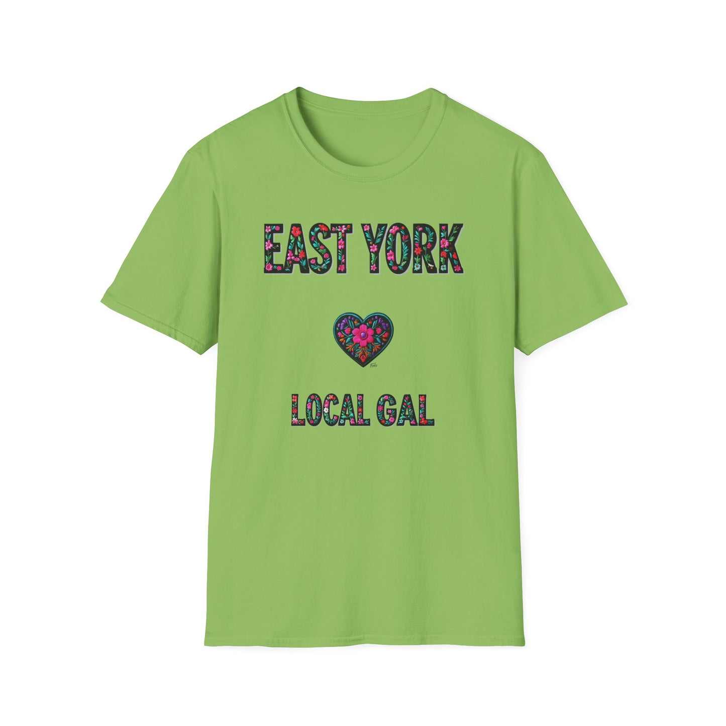 East York Local Gal Flower-Heart T-Shirt, c06-n02-s005 Softstyle Graphic Tee, Unisex Casual Wear, Support Local Merch, Gift for Community Lovers, Finkz WINDSOR