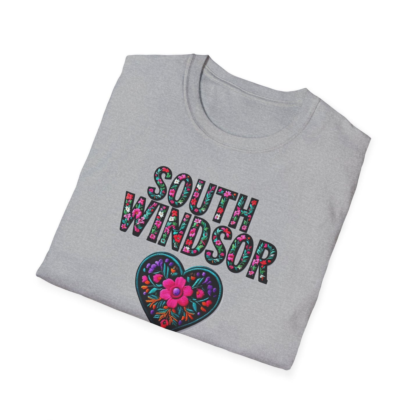SOUTH WINDSOR Local Gal Flower-Heart T-Shirt, 3 Softstyle Graphic Tee, Unisex Casual Wear, Support Local Merch, Gift for Community Lovers, Finkz WINDSOR