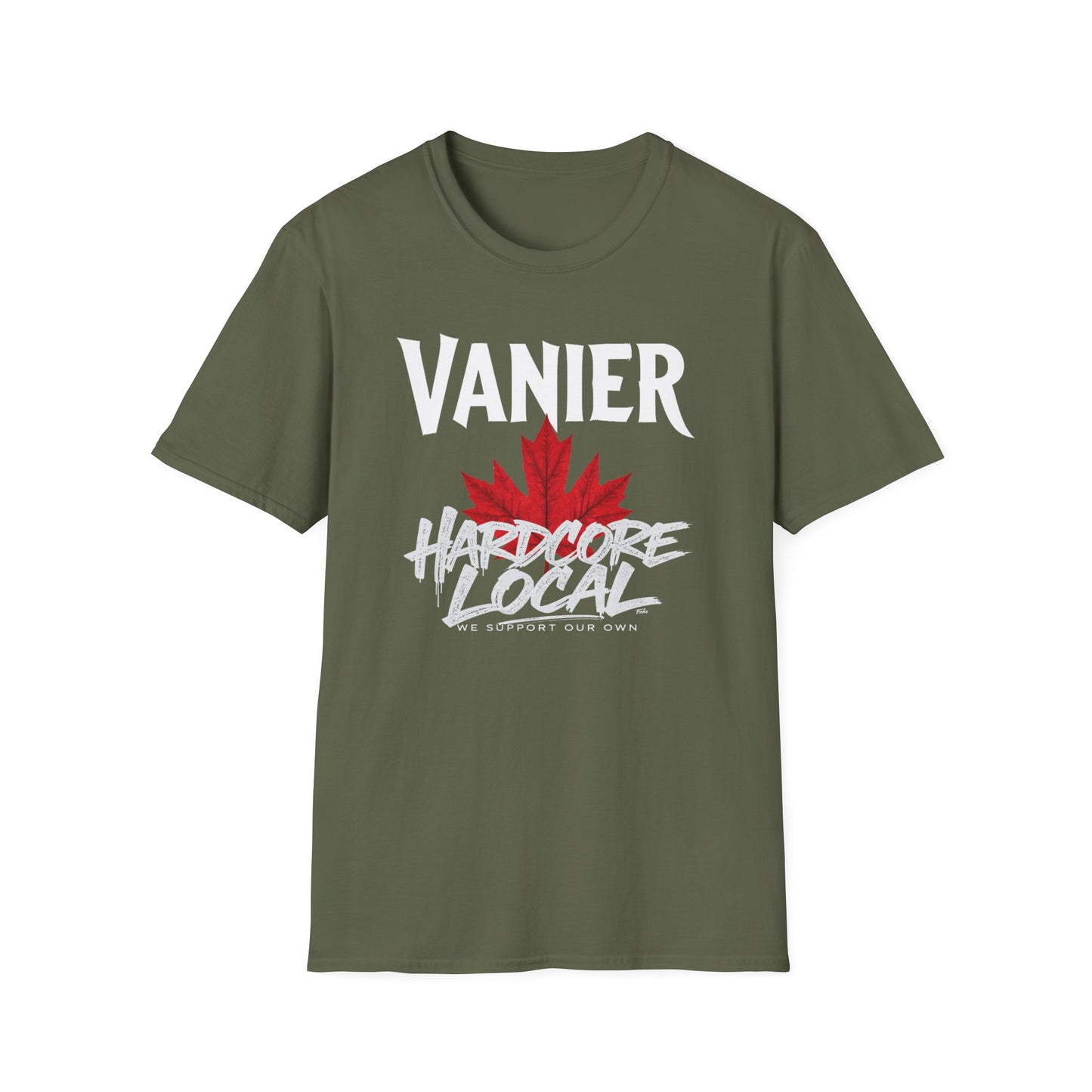 Vanier Hardcore We Support Our Own Red Leaf T-Shirt, c03-n09-s006 Softstyle Graphic Tee, Unisex Casual Wear, Support'n Locals Merch, Gift for Community Lovers.
