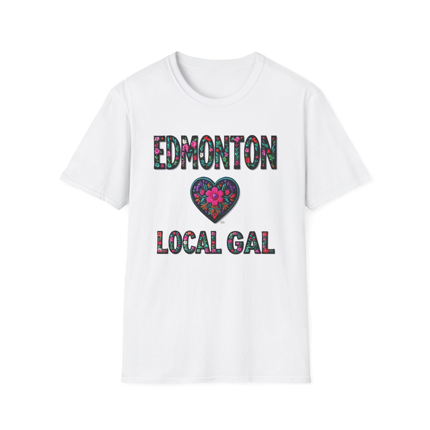 Edmonton Local Gal Flower-Heart T-Shirt, c012-n00-s005 Softstyle Graphic Tee, Unisex Casual Wear, Support Local Merch, Gift for Community Lovers, Finkz