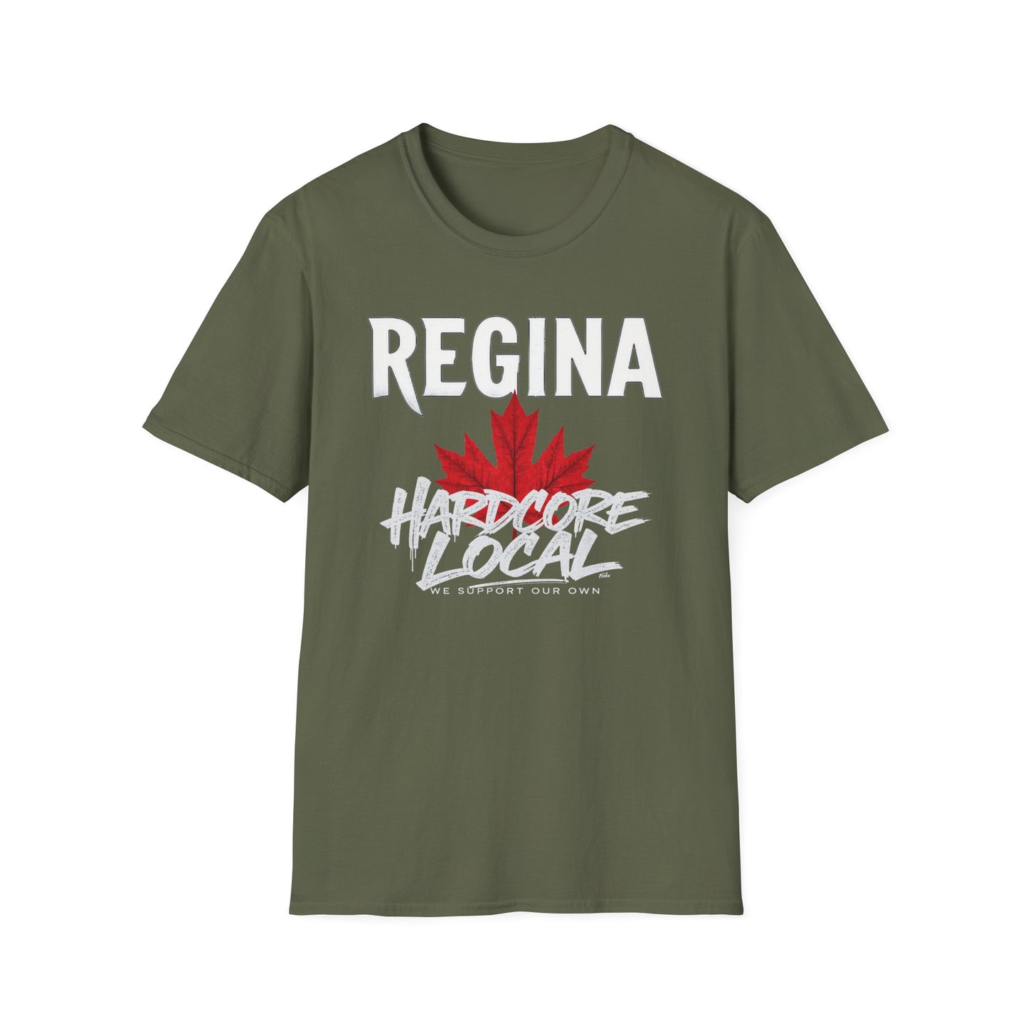 Regina Hardcore We Support Our Own Red Leaf T-Shirt, c10-n00-s006 Softstyle Graphic Tee, Unisex Casual Wear, Support'n Locals Merch, Gift for Community Lovers.