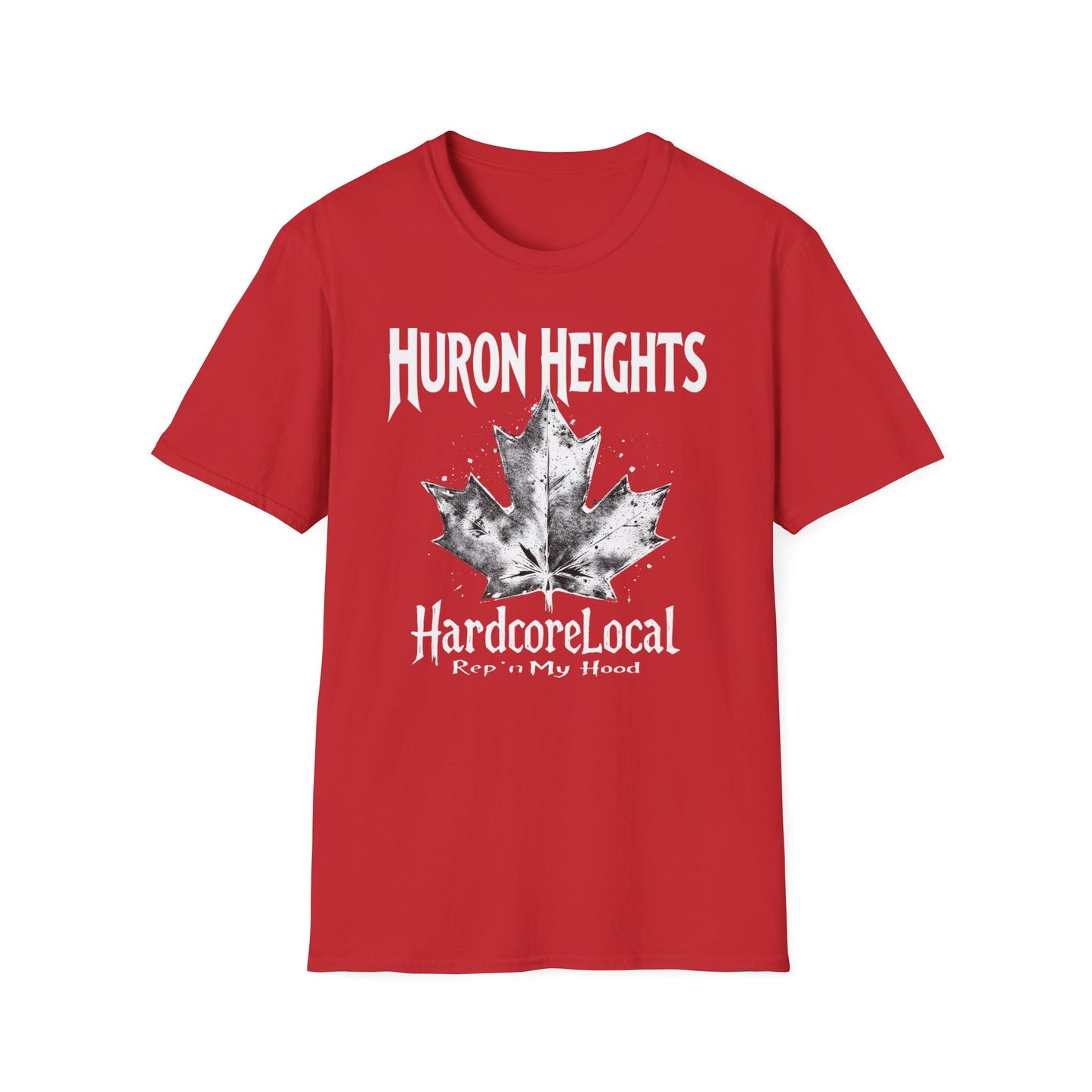 Huron Heights Hardcore Rep'n White Leaf T-Shirt, c002-n06-s007 Softstyle Graphic Tee, Unisex Casual Wear, Support'n Locals Merch, Gift for Community Lovers.