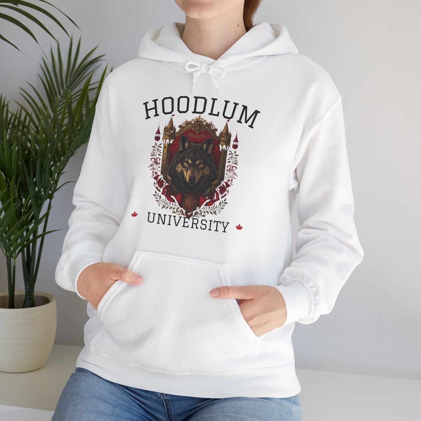 Hoodlum University White Cozy Hoodie Wolf | Unisex Sweatshirt for Nature Lovers, Casual Wear, Gift for Him/Her, Outdoor Adventures, Cozy Days Canada Patriotic