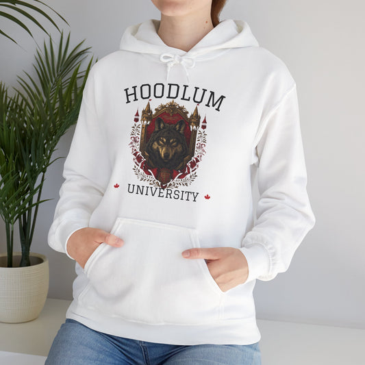 Hoodlum University White Cozy Hoodie Wolf | Unisex Sweatshirt for Nature Lovers, Casual Wear, Gift for Him/Her, Outdoor Adventures, Cozy Days Canada Patriotic