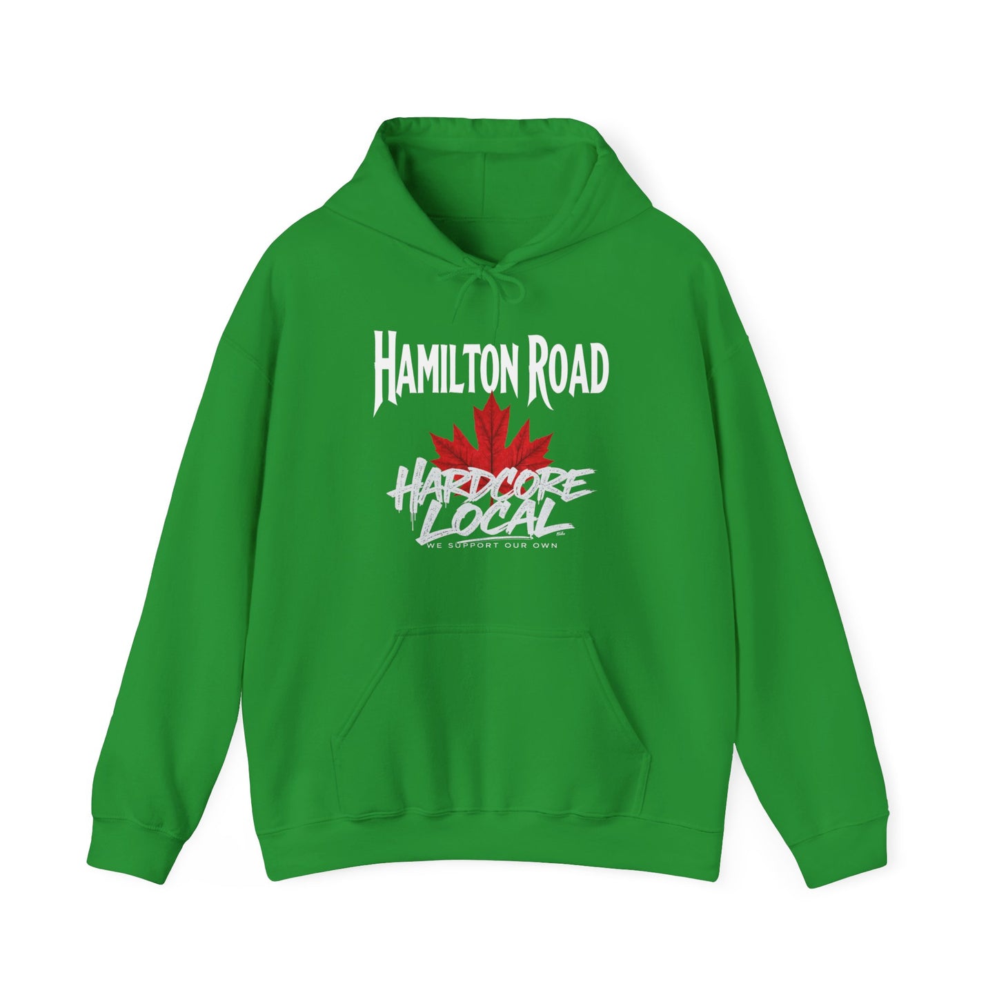 Hamilton Road HARDCORE LOCAL red leaf, Hooded Sweatshirt - c02-n04-hs006 Unisex Heavy Blend™ Pullover, Casual Hoodie for Every Day, Gift for Friends, Support'n Locals -Local Pride Apparel Support Your Community