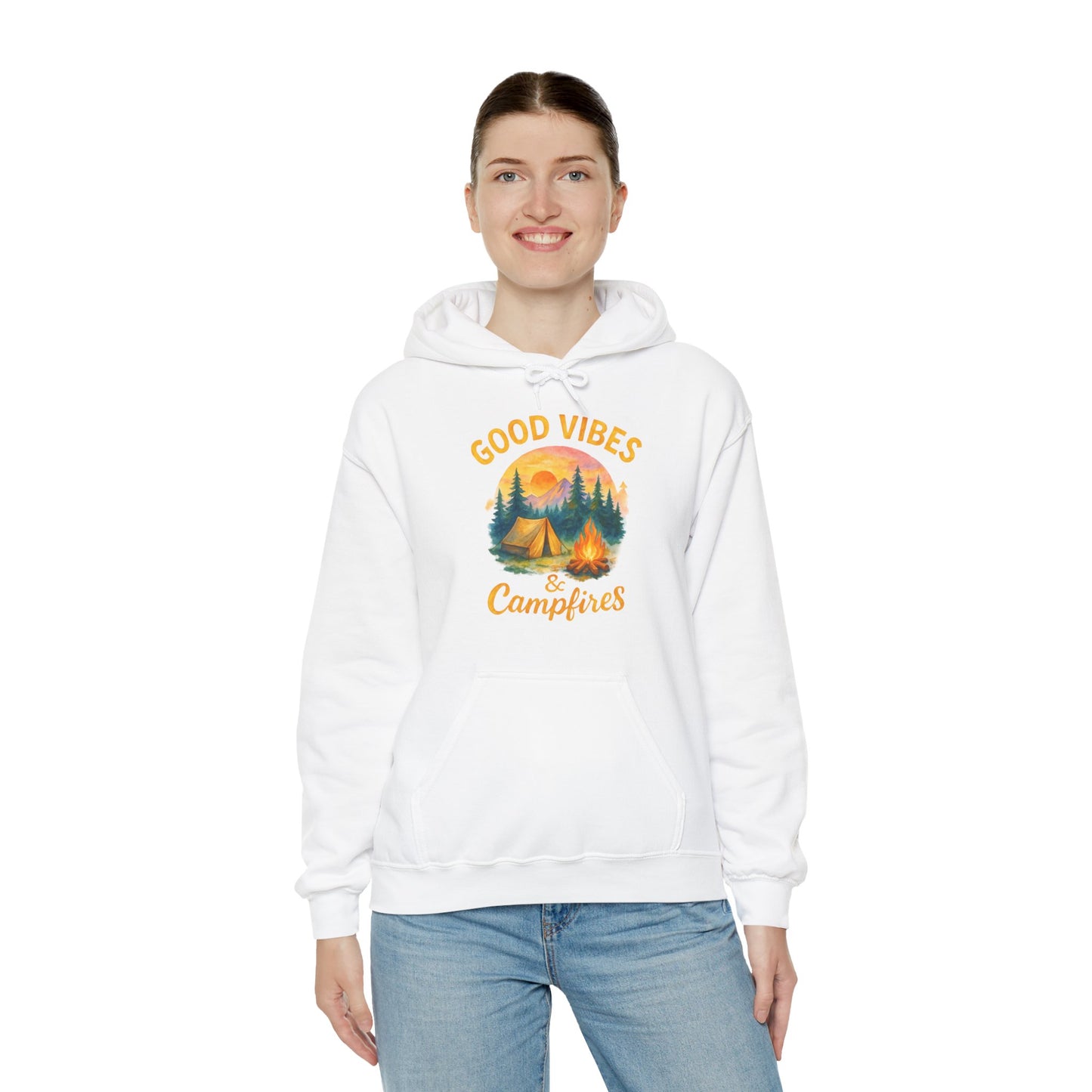 Good Vibes and Campfires Hoodie | HappyCamperCrew.Com 100% Authentic | Cozy Camping Hoodie | Unisex Hooded Sweatshirt for Nature Lovers, Casual Wear, Gift for Him/Her, Outdoor Adventures, Cozy Days & Warm Nights by the Campfire