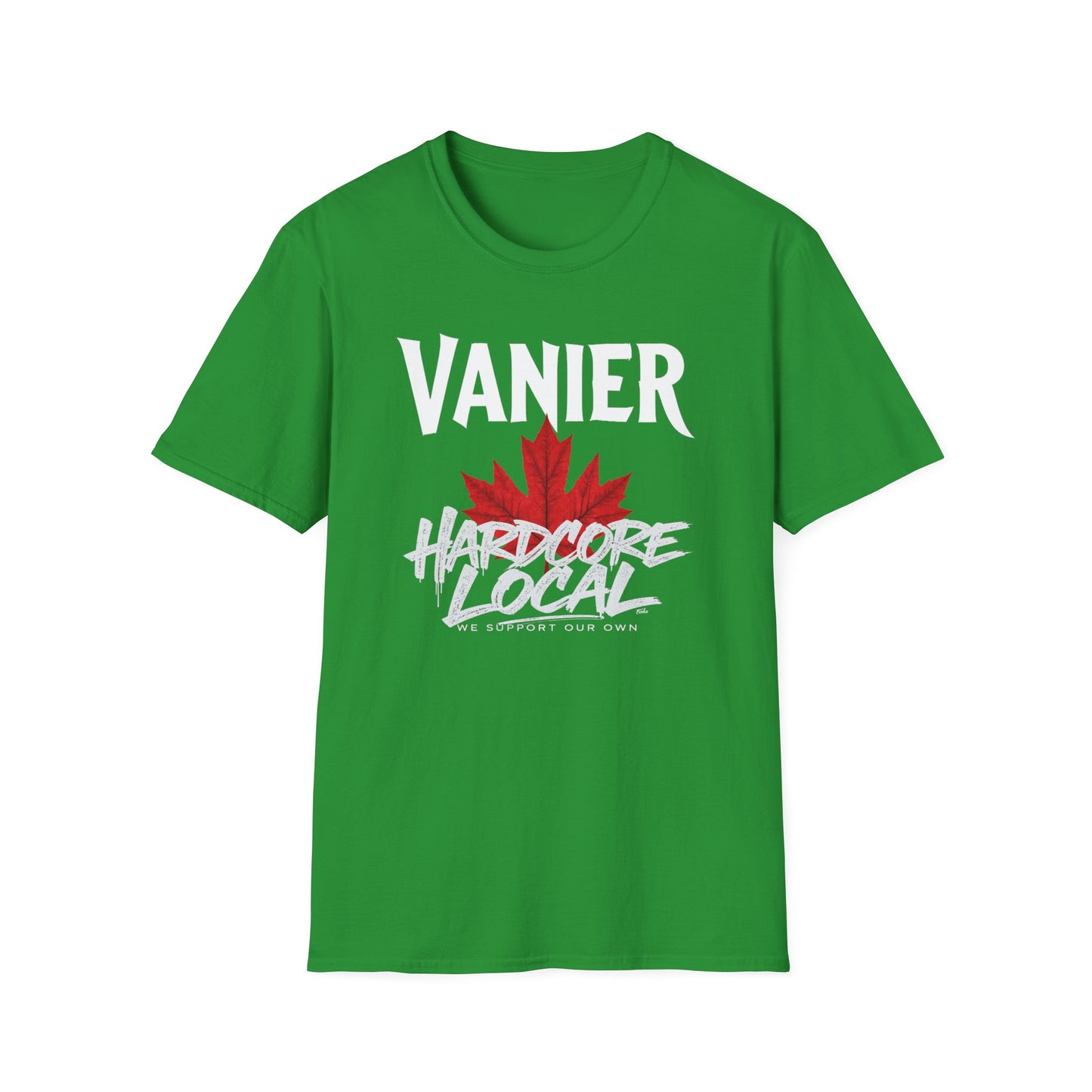 Vanier Hardcore We Support Our Own Red Leaf T-Shirt, c03-n09-s006 Softstyle Graphic Tee, Unisex Casual Wear, Support'n Locals Merch, Gift for Community Lovers.
