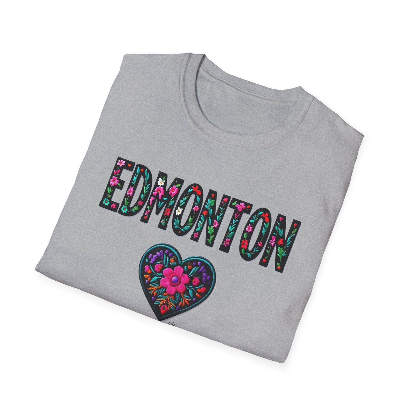 Edmonton Local Gal Flower-Heart T-Shirt, c012-n00-s005 Softstyle Graphic Tee, Unisex Casual Wear, Support Local Merch, Gift for Community Lovers, Finkz