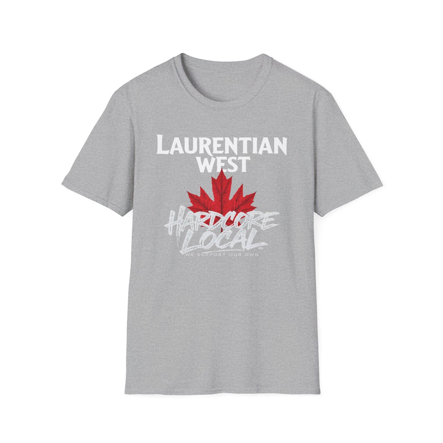 Laurentian West Hardcore We Support Our Own Red Leaf T-Shirt, c03-n07-s006 Softstyle Graphic Tee, Unisex Casual Wear, Support'n Locals Merch, Gift for Community Lovers.