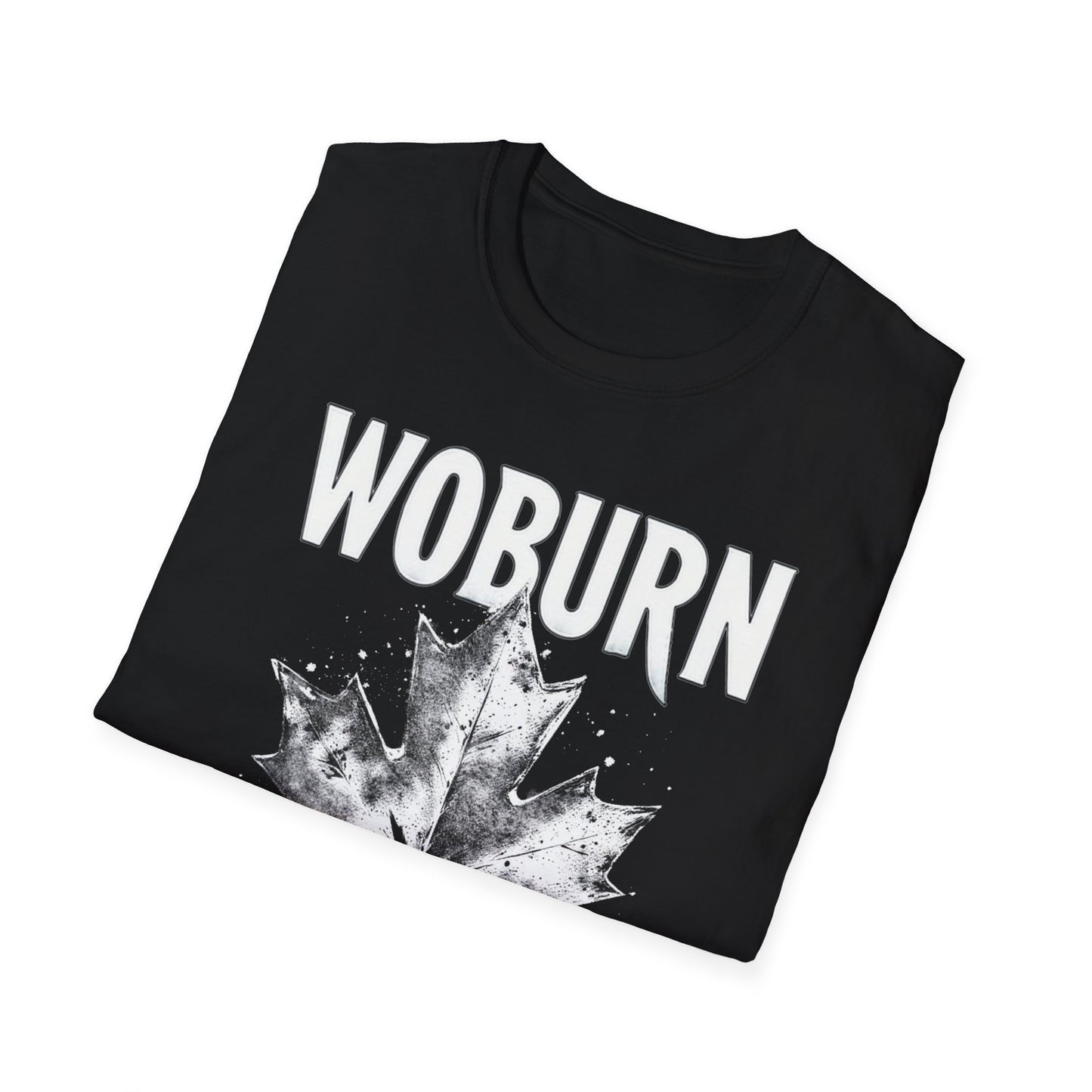 Woburn Hardcore Rep'n White Leaf T-Shirt, c006-n06-s007 Softstyle Graphic Tee, Unisex Casual Wear, Support'n Locals Merch, Gift for Community Lovers.