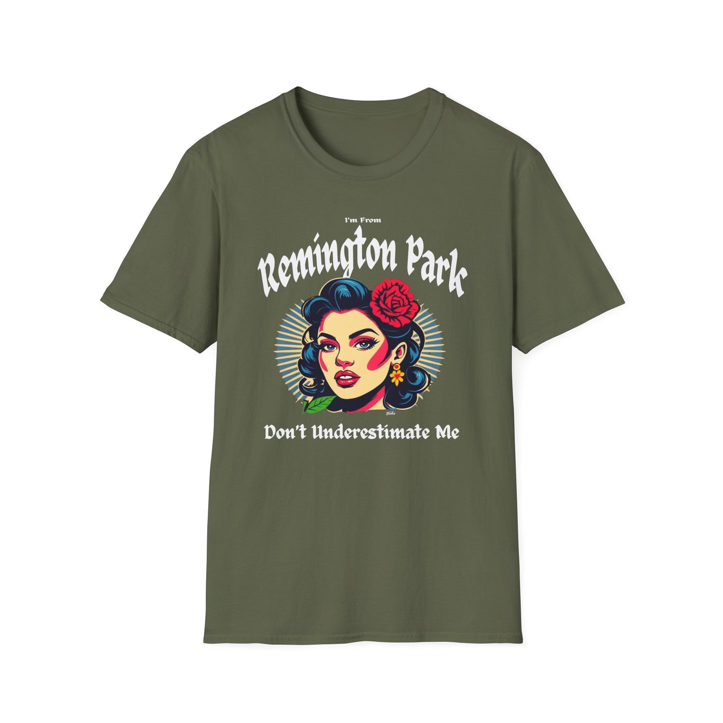 Remington Park Underestimate Gal T-Shirt, c01-n10-s001 Softstyle Graphic Tee, Unisex Casual Wear, Support'n Locals Merch, Gift for Community Lovers.