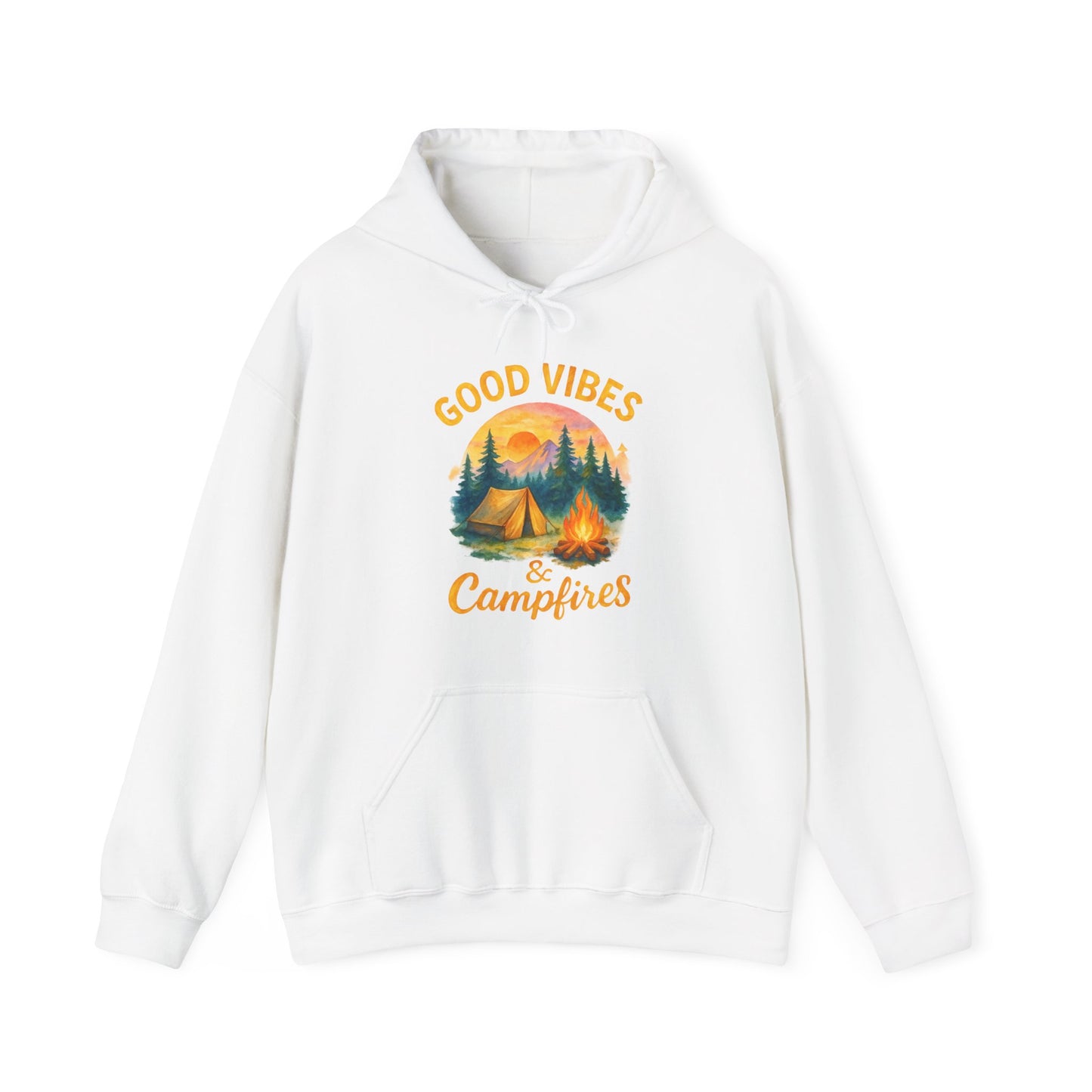Good Vibes and Campfires Hoodie | HappyCamperCrew.Com 100% Authentic | Cozy Camping Hoodie | Unisex Hooded Sweatshirt for Nature Lovers, Casual Wear, Gift for Him/Her, Outdoor Adventures, Cozy Days & Warm Nights by the Campfire