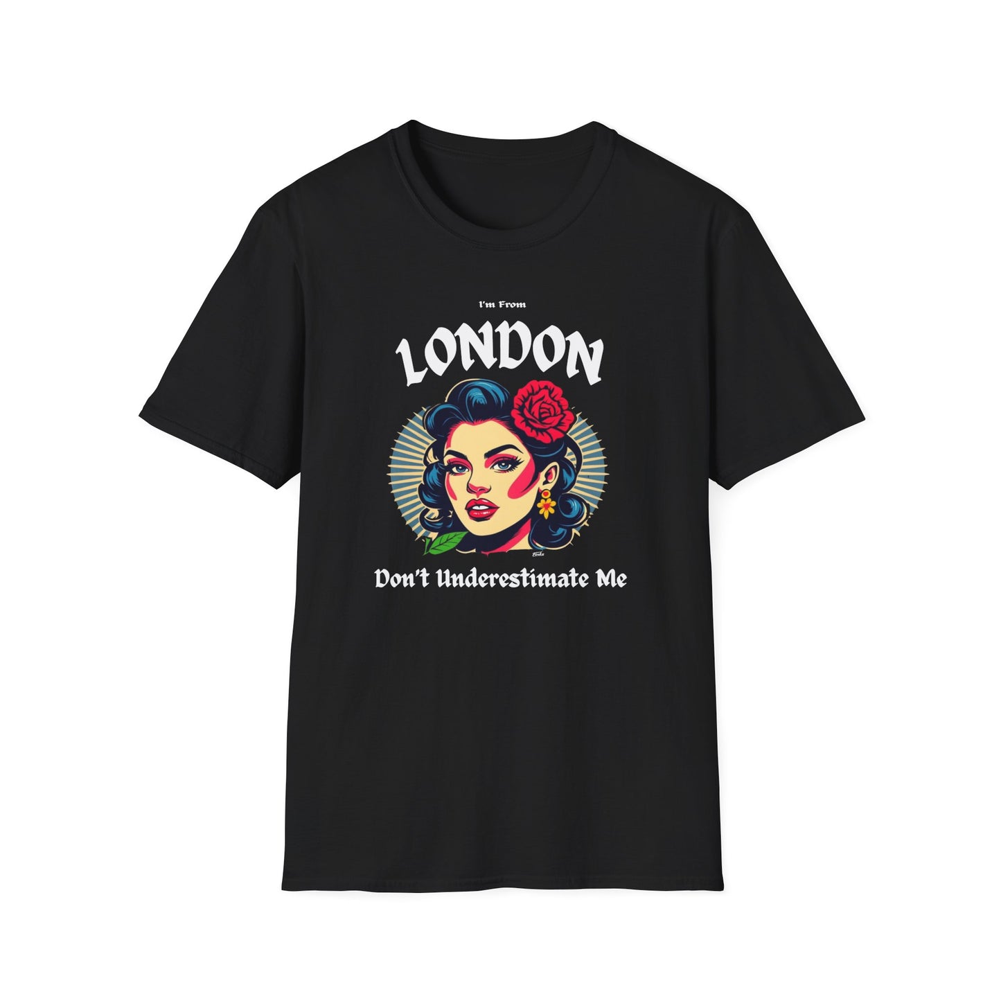 London Underestimate Gal T-Shirt, c002-n00-s001 Softstyle Graphic Tee, Unisex Casual Wear, Support'n Locals Merch, Gift for Community Lovers.