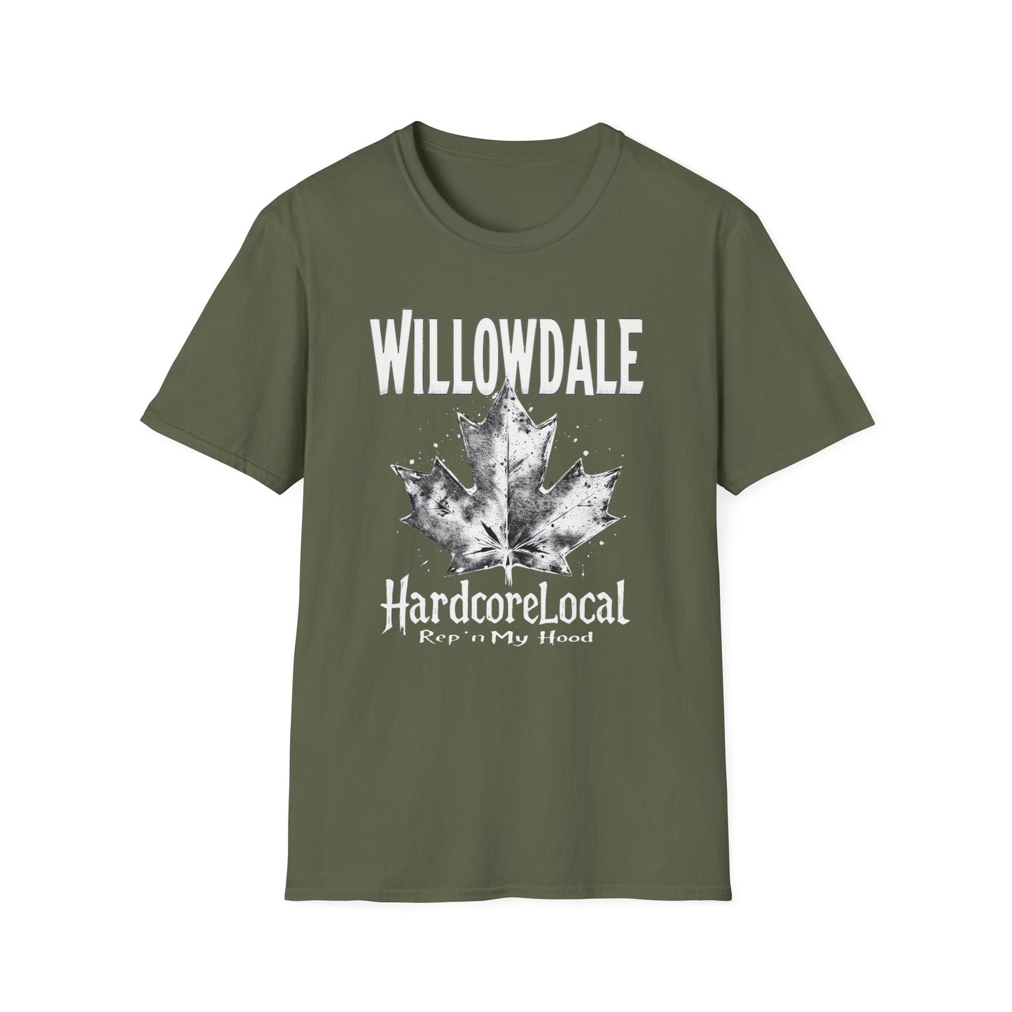 Willowdale Hardcore Rep'n White Leaf T-Shirt, c06-n05-s007 Softstyle Graphic Tee, Unisex Casual Wear, Support'n Locals Merch, Gift for Community Lovers.