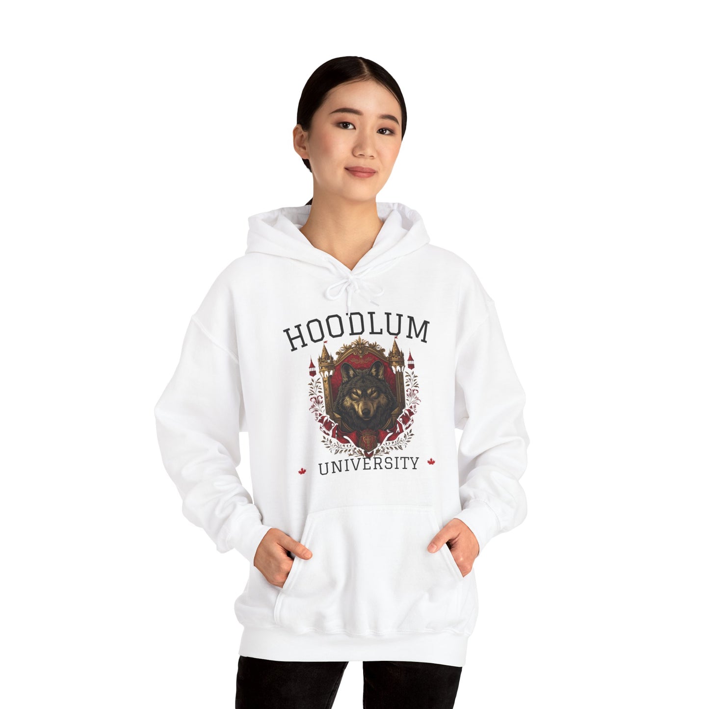Hoodlum University White Cozy Hoodie Wolf | Unisex Sweatshirt for Nature Lovers, Casual Wear, Gift for Him/Her, Outdoor Adventures, Cozy Days Canada Patriotic