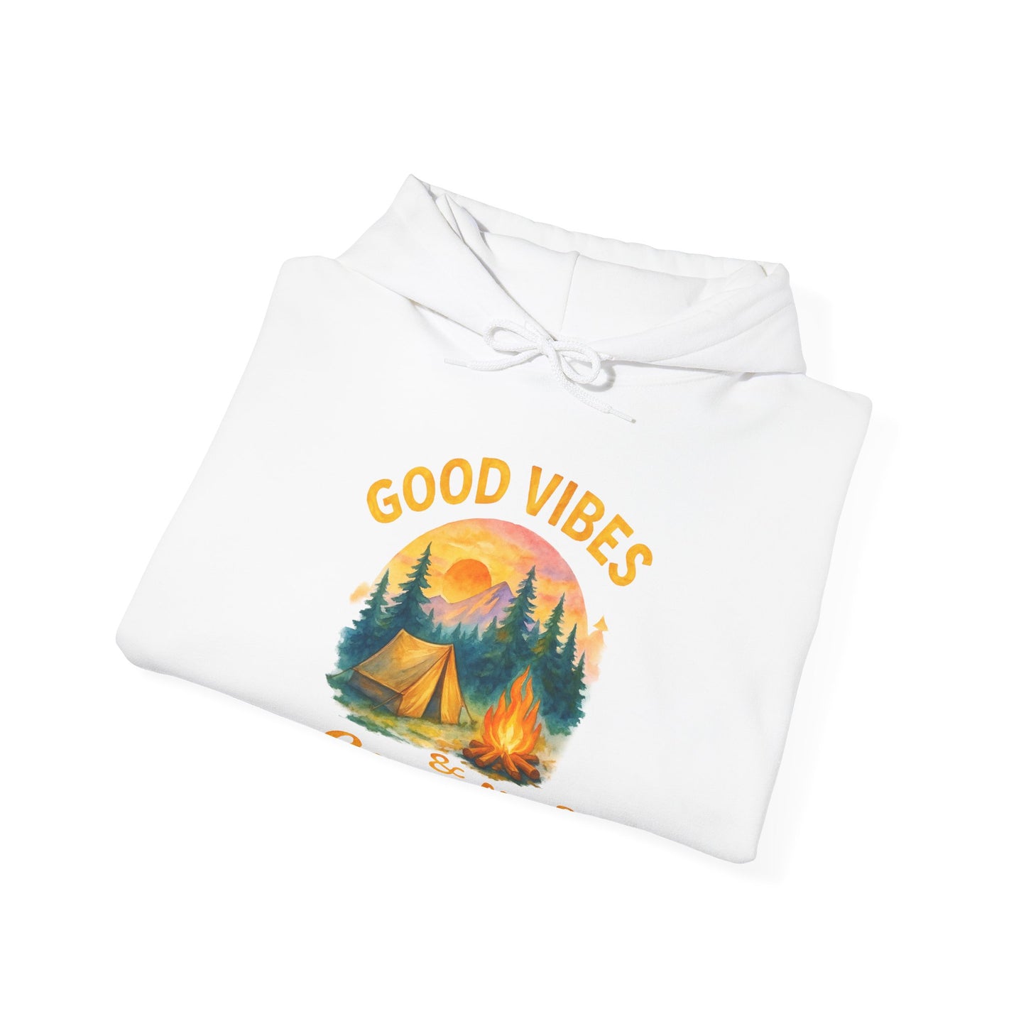 Good Vibes and Campfires Hoodie | HappyCamperCrew.Com 100% Authentic | Cozy Camping Hoodie | Unisex Hooded Sweatshirt for Nature Lovers, Casual Wear, Gift for Him/Her, Outdoor Adventures, Cozy Days & Warm Nights by the Campfire