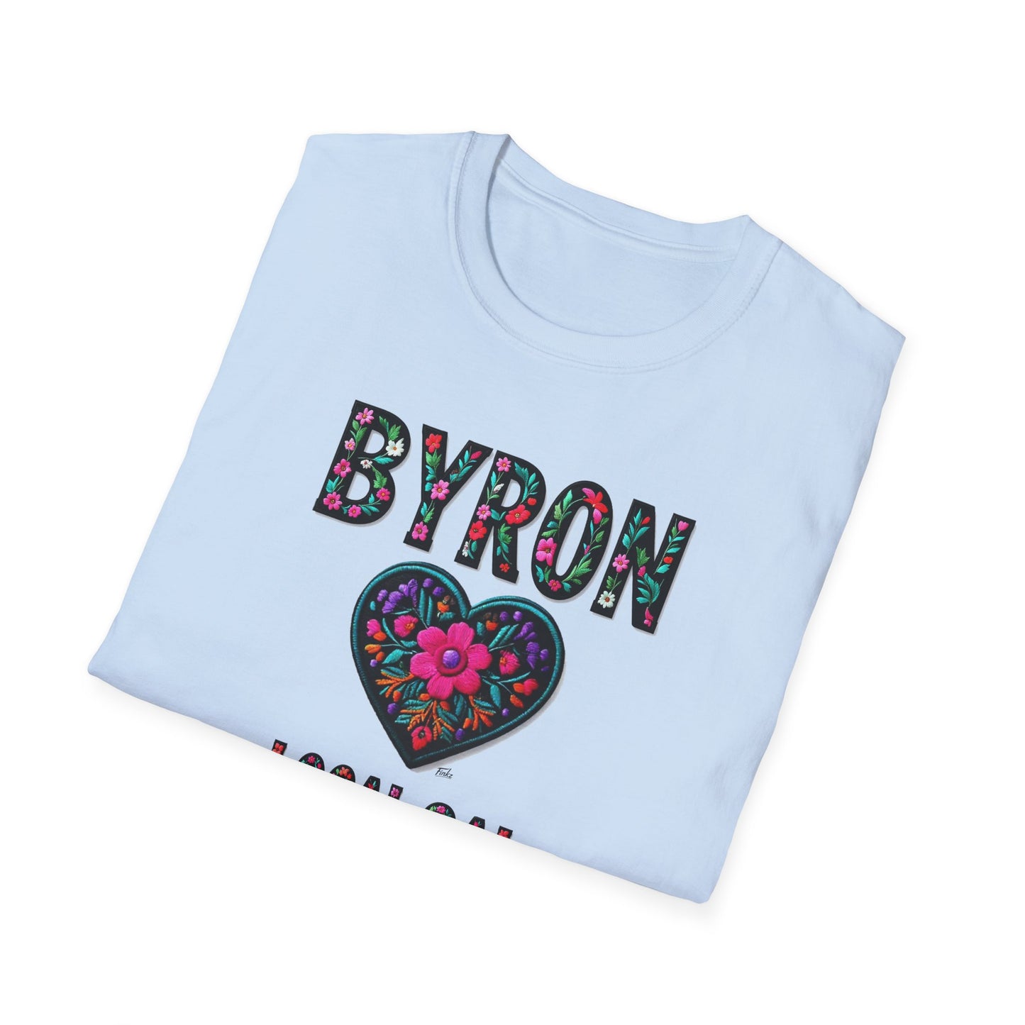 Byron Local Gal Flower-Heart T-Shirt, c02-n02-s05  Softstyle Graphic Tee, Unisex Casual Wear, Support Local Merch, Gift for Community Lovers, Finkz WINDSOR