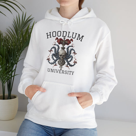 Hoodlum University White Cozy Hoodie Skull | Unisex Sweatshirt for Nature Lovers, Casual Wear, Gift for Him/Her, Outdoor Adventures, Cozy Days Canada Patriotic
