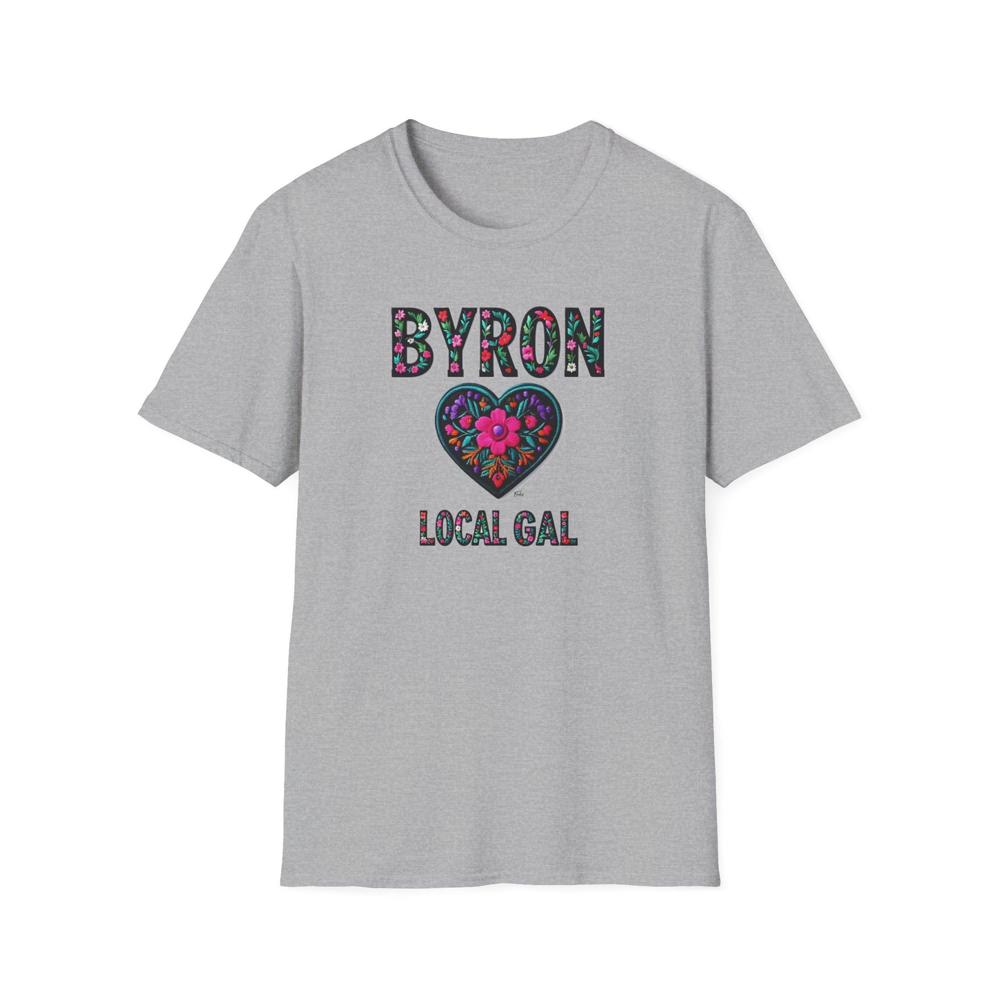 Byron Local Gal Flower-Heart T-Shirt, c02-n02-s05  Softstyle Graphic Tee, Unisex Casual Wear, Support Local Merch, Gift for Community Lovers, Finkz WINDSOR