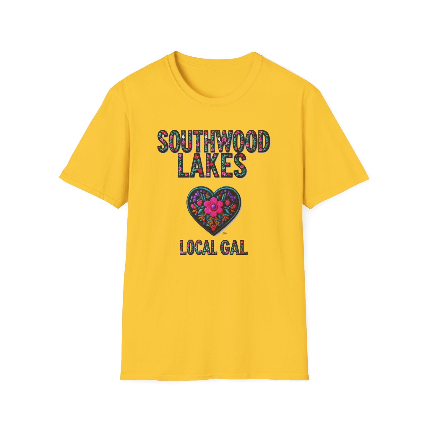 SOUTHWOOD LAKES Local Gal Flower-Heart T-Shirt, 3 Softstyle Graphic Tee, Unisex Casual Wear, Support Local Merch, Gift for Community Lovers, Finkz WINDSOR