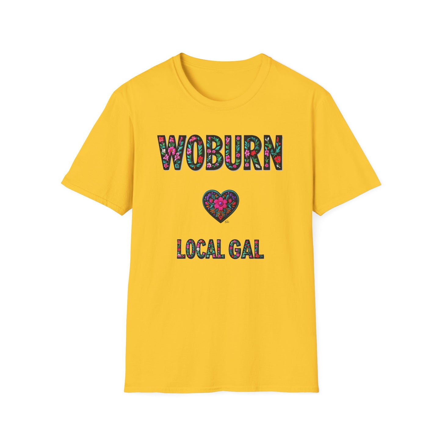 Woburn Local Gal Flower-Heart T-Shirt, c06-n06-s005 Softstyle Graphic Tee, Unisex Casual Wear, Support Local Merch, Gift for Community Lovers, Finkz WINDSOR